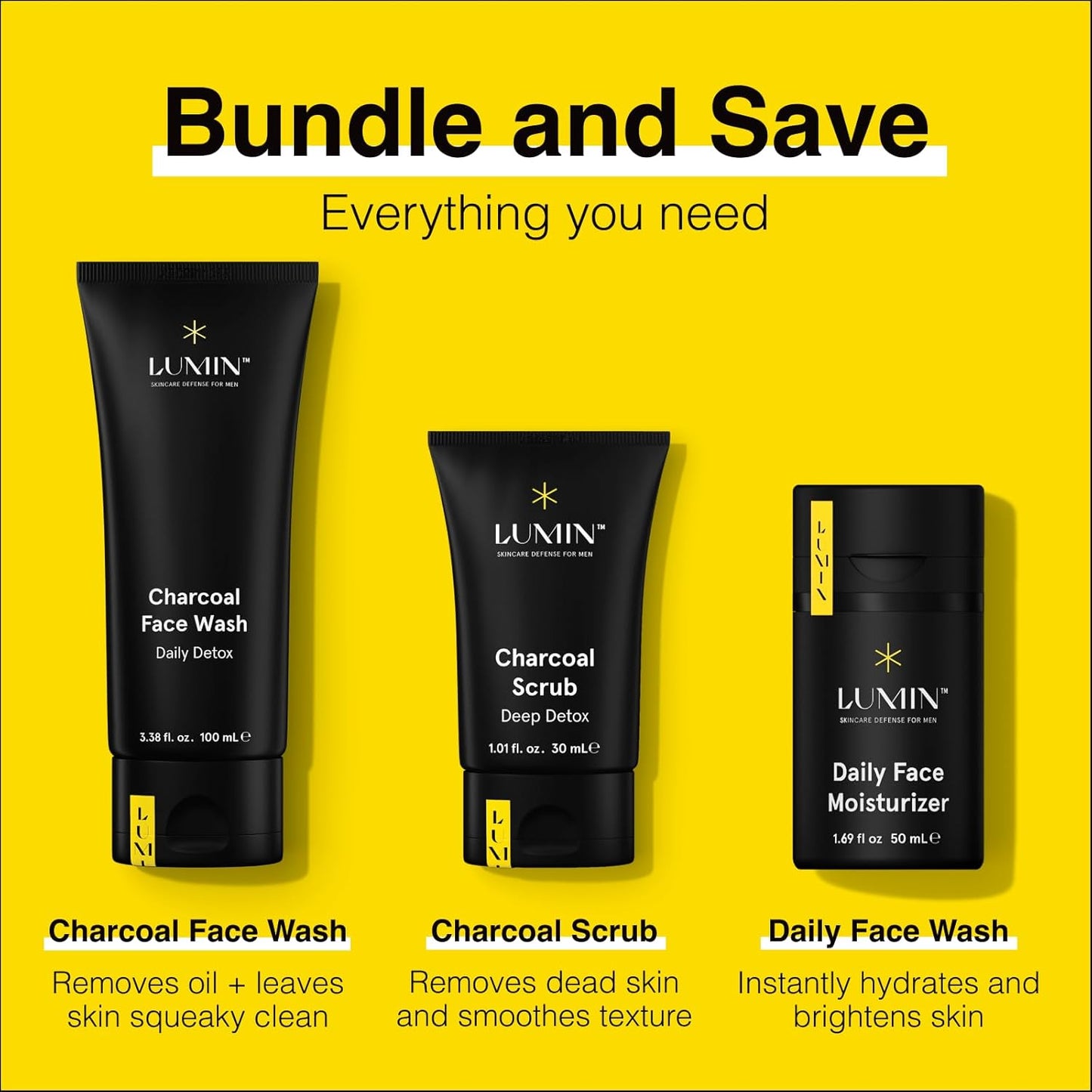 Lumin Men's Skincare Kit - Smooth Operator Detox with Charcoal Face Wash, Scrub & Moisturizer | Two Month Supply