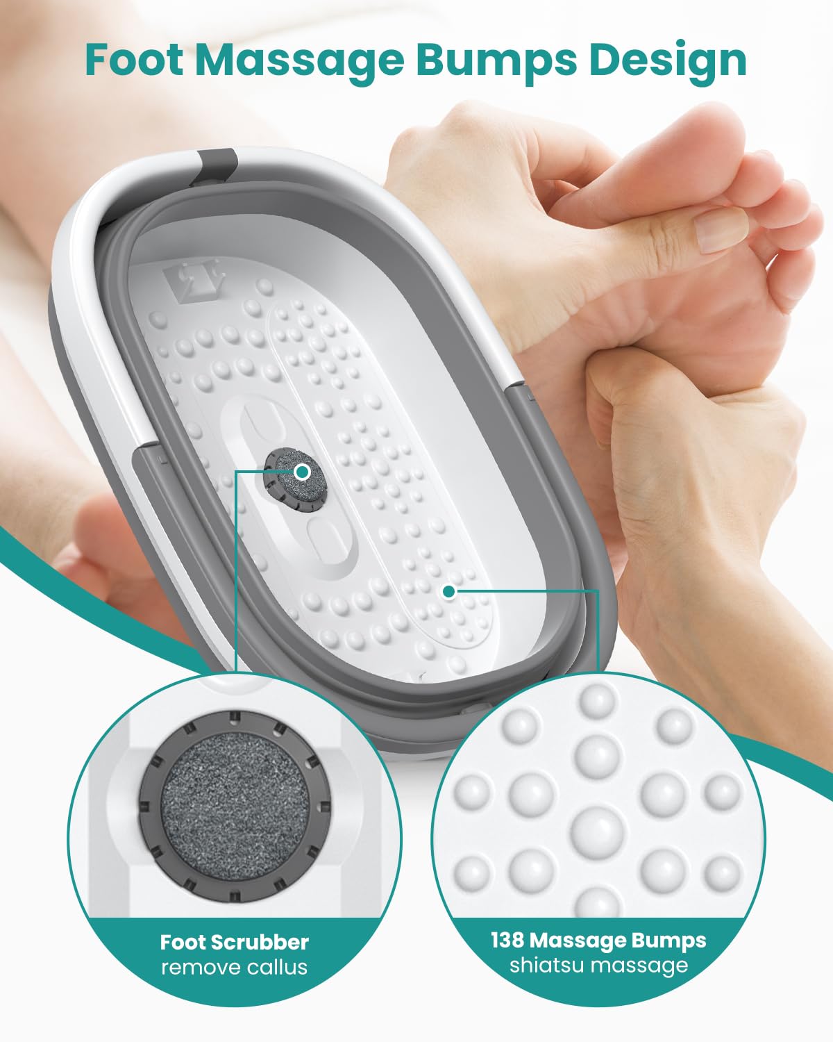 Collapsible Foot Soaking Tub - 138 Acupressure Nodes & Pumice Stone | Foot Massager for Pedicure Spa