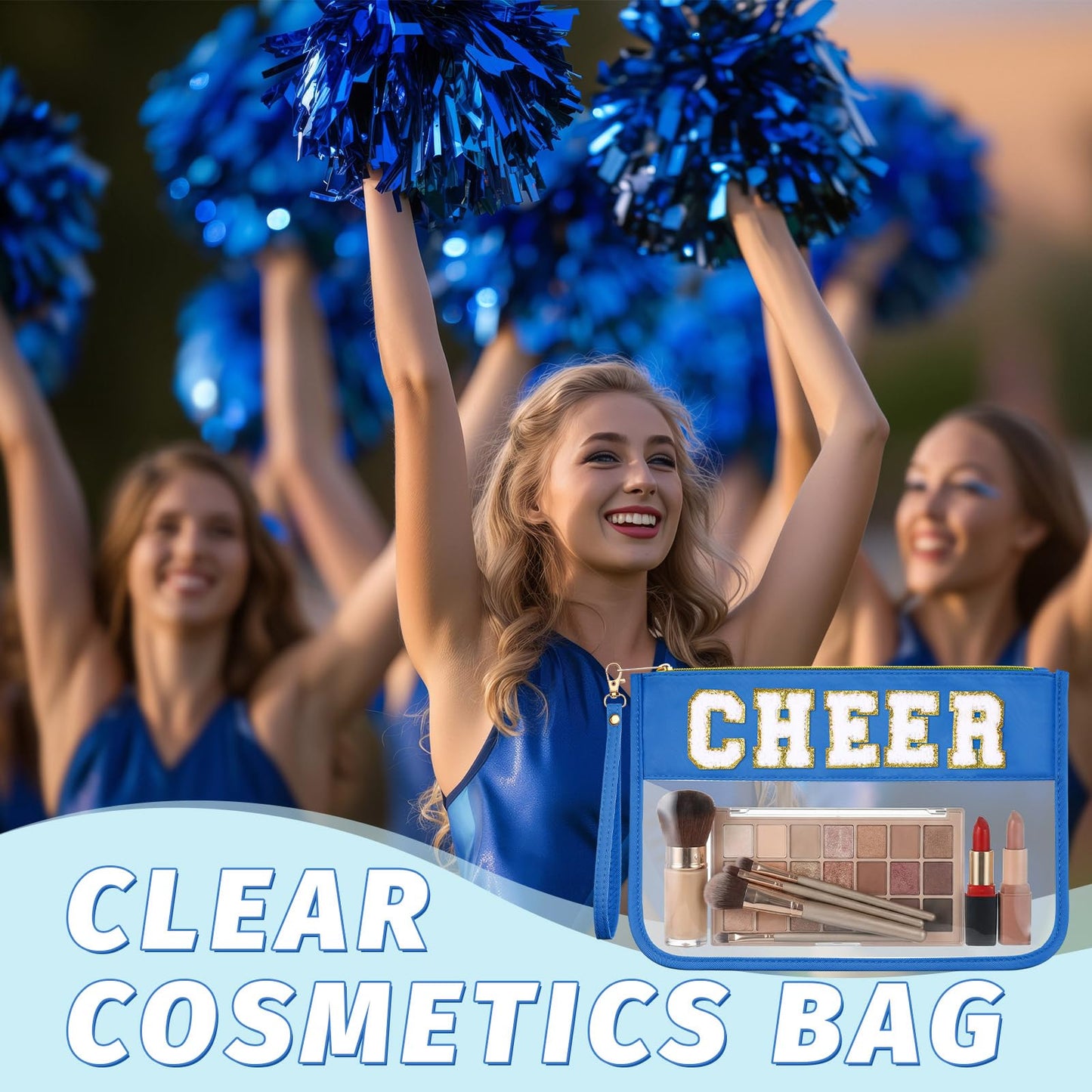 Kacctyen 6 Pcs Cheer Bags Chenille Letter Clear Dark Blue Makeup Bag with Zipper Waterproof Cosmetic Toiletry Pouch with Handle Gym Travel Summer Gifts for Women Girls(Dark Blue, Cheer)