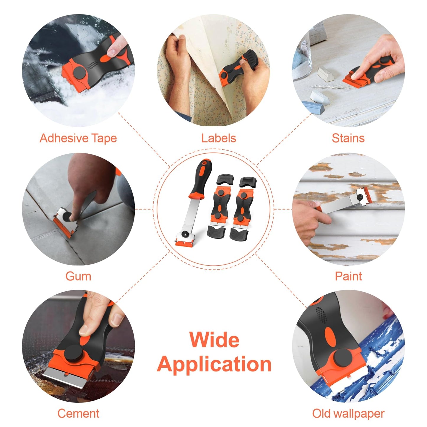 Ywmoml 3 Pack Razor Blade Scraper Set, Includes 30 Plastic & 30 Metal Blades, Multi-Purpose Tool for Glass, Cooktop, Sticker Removal, Paint & Gum Cleaning (Orange)