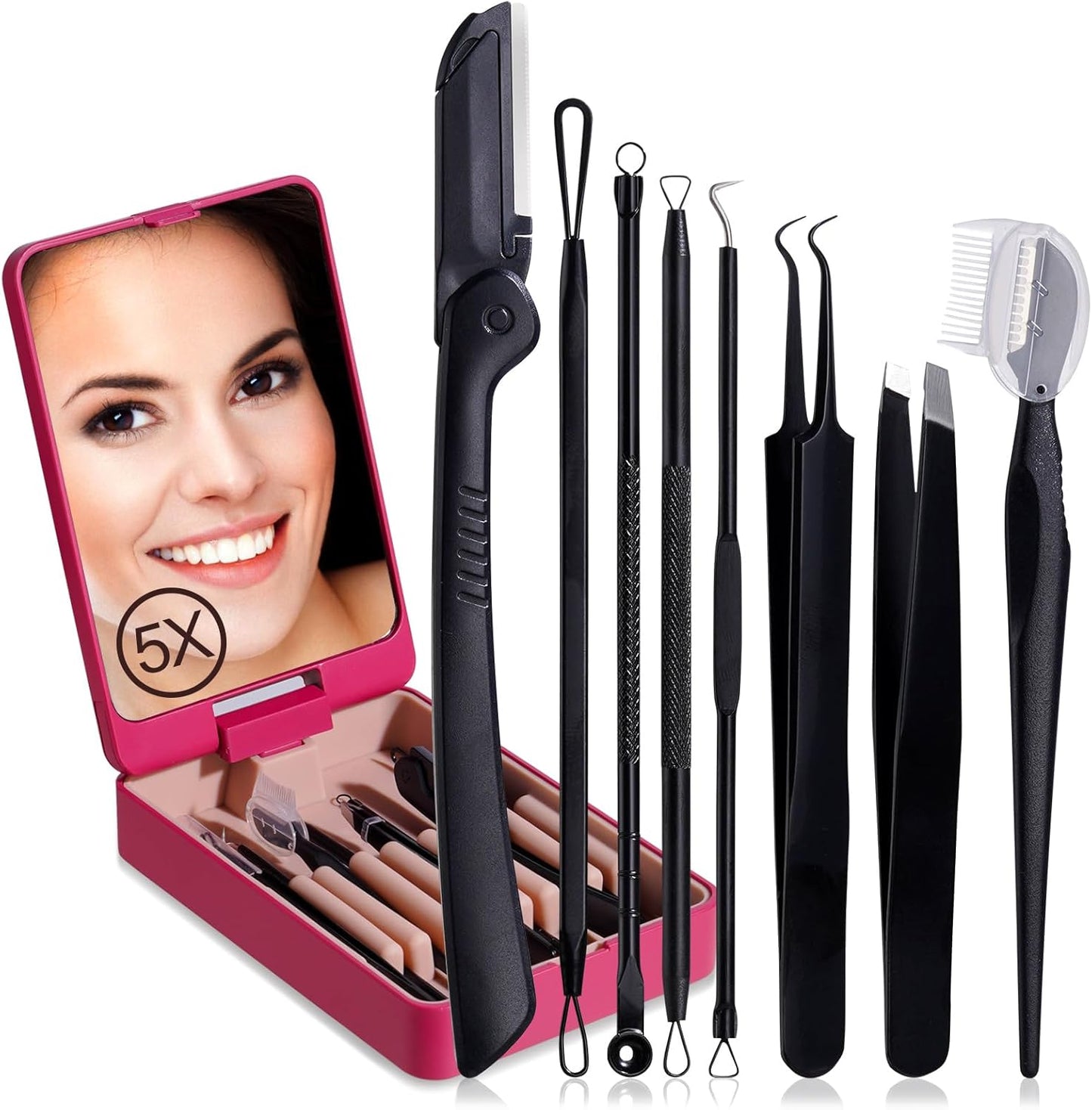 Blackhead Remover Tool Kit - 8-Piece Comedones Extractor & Eyebrow Trimmer with 5X Magnifying Mirror | Silver
