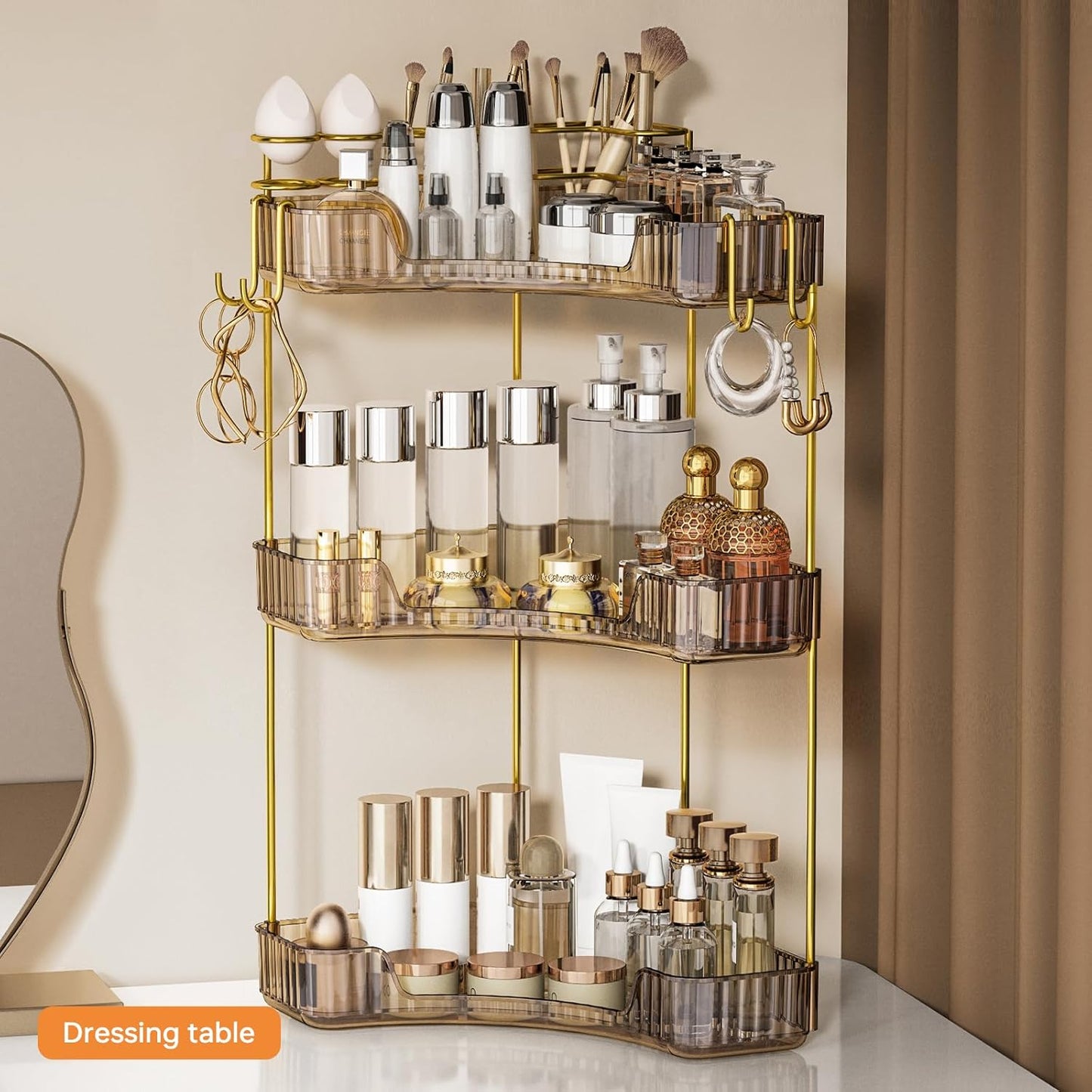 3-Tier Corner Bathroom Organizer - Makeup & Skincare Shelf with Built-in Brush Holder | Space-Saving Amber Design
