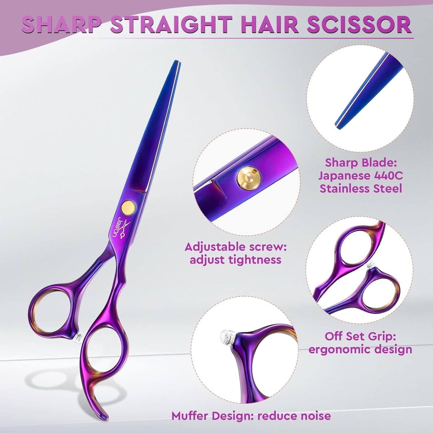 Professional Hair Cutting Scissors Set - 10 PCS with Thinning Shears & Straight Shears for Men and Women | Purple