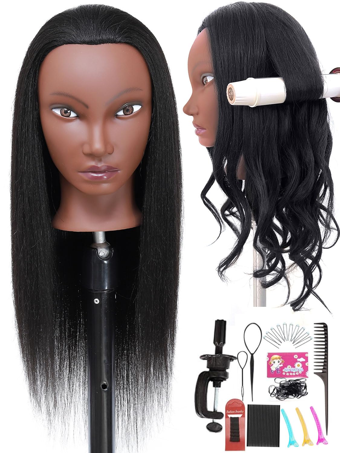 Mannequin Head Human Hair for Cosmetology, Manikin Head with 80% Real Hair for Styling Doll Head Braiding Practice Black Mannequin Heads Hairdresser Hairstylist Girls with Free Clamp Holder