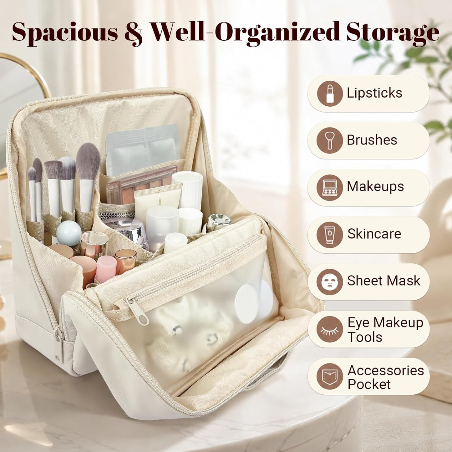 Large Waterproof Makeup Bag for Women - Foldable Cosmetic Organizer with Compartments & Detachable Dividers | Cream White