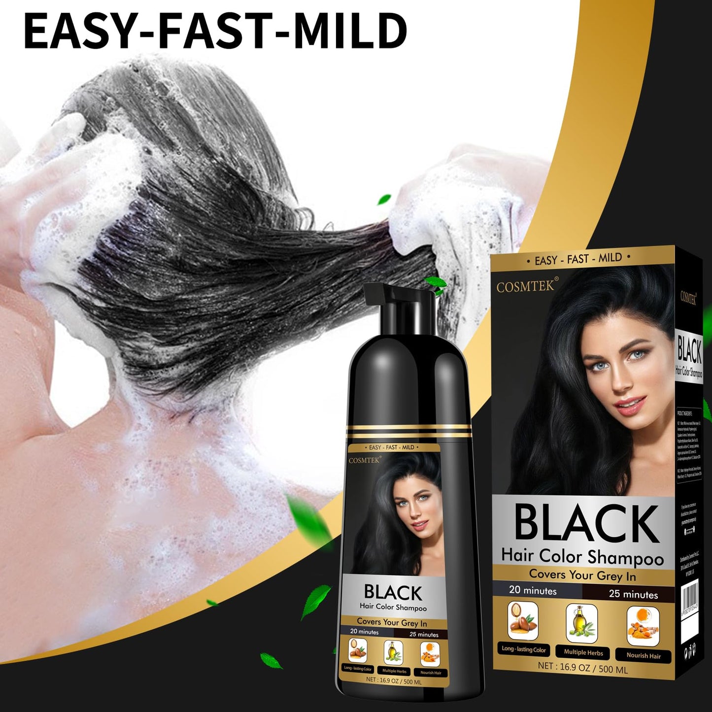COSMTEK Black Hair Dye Shampoo for Gray Coverage - Hair Color Shampoo for Men&Women,500ml /16.9 Fl Oz.Black.