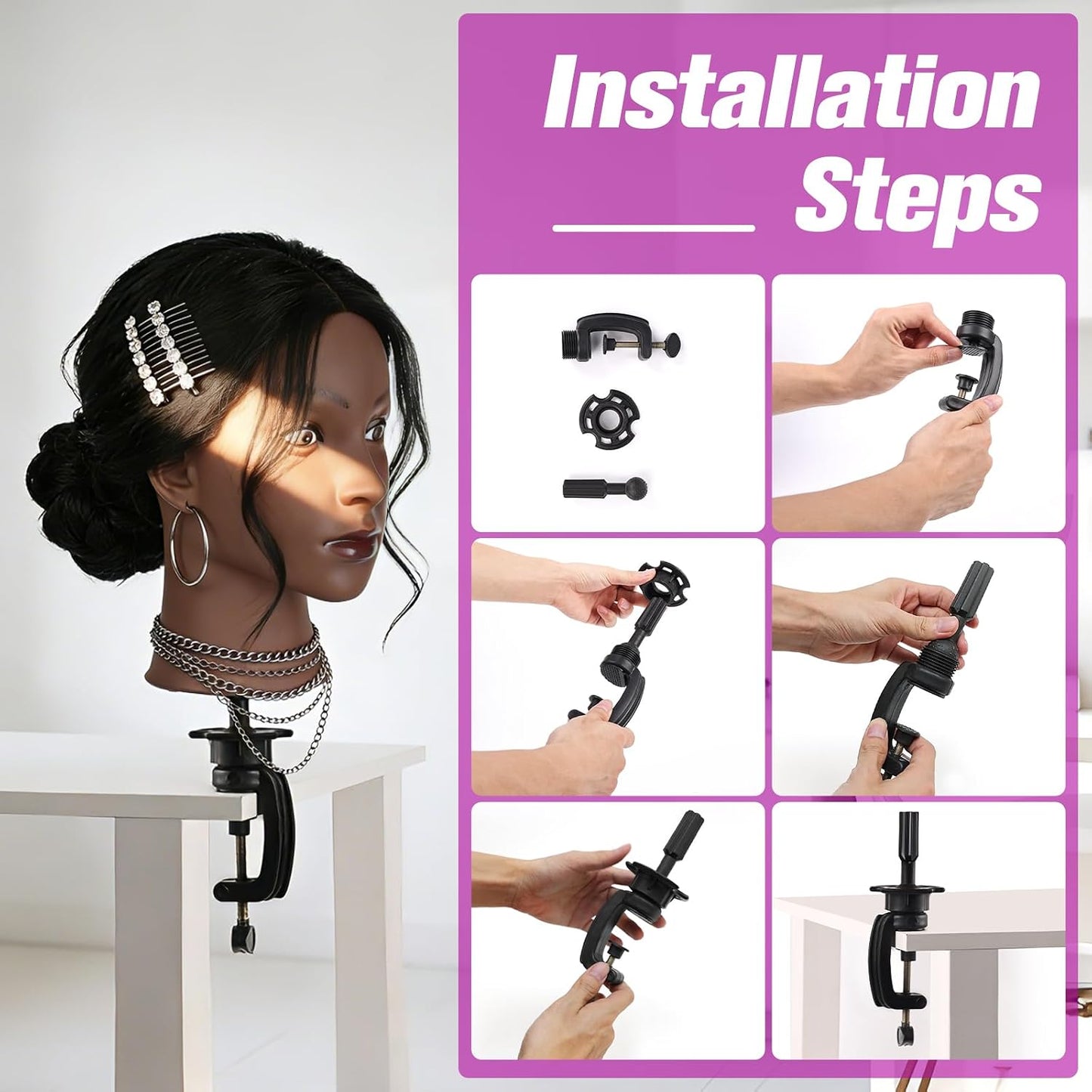 Real Hair Mannequin Head - 22'' Human Hair Cosmetology Training Doll with Clamp Holder & Tools | Black