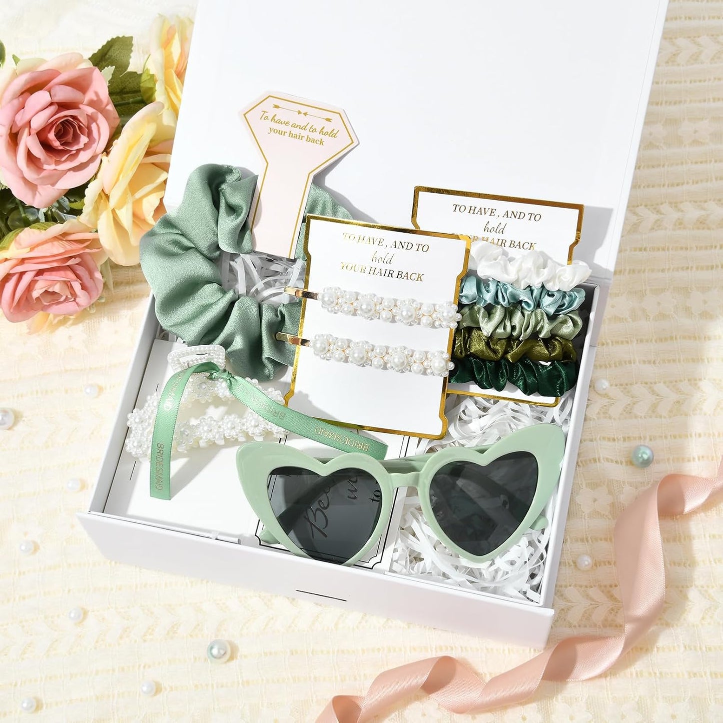 Pearl Gift Set for Bridesmaid Proposal - Clear Makeup Bag, Hair Claw Clips & Scrunchies | Sage Green