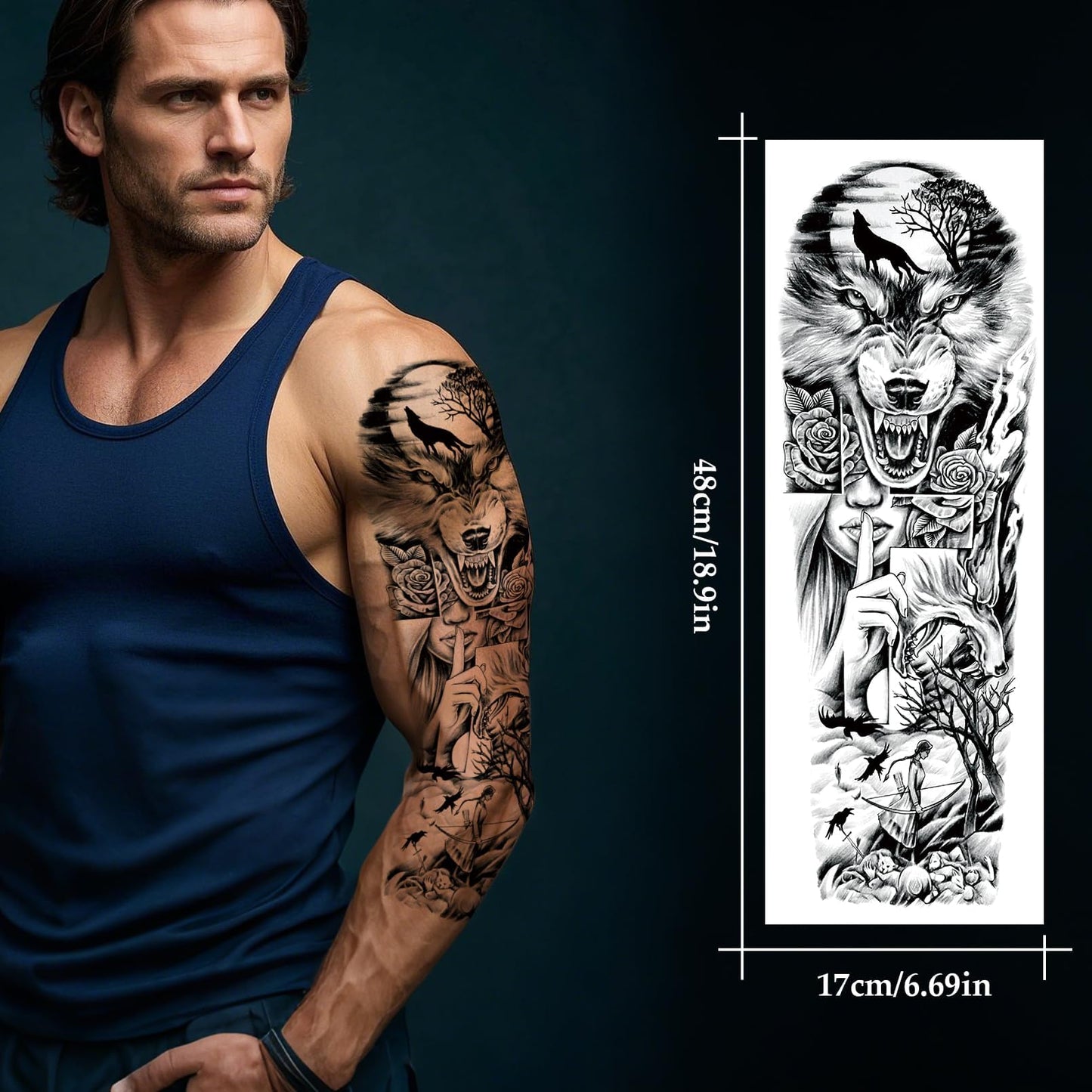 VERKSTAD 8 Sheets Black Full Arm Temporary Tattoos for Men Adults, Temp Millitary Sleeve Tattoo For Women, Waterproof Totem Body Arm Chest Shoulder Tortoise Dragon Fake Scary Tattoo Stickers Animal