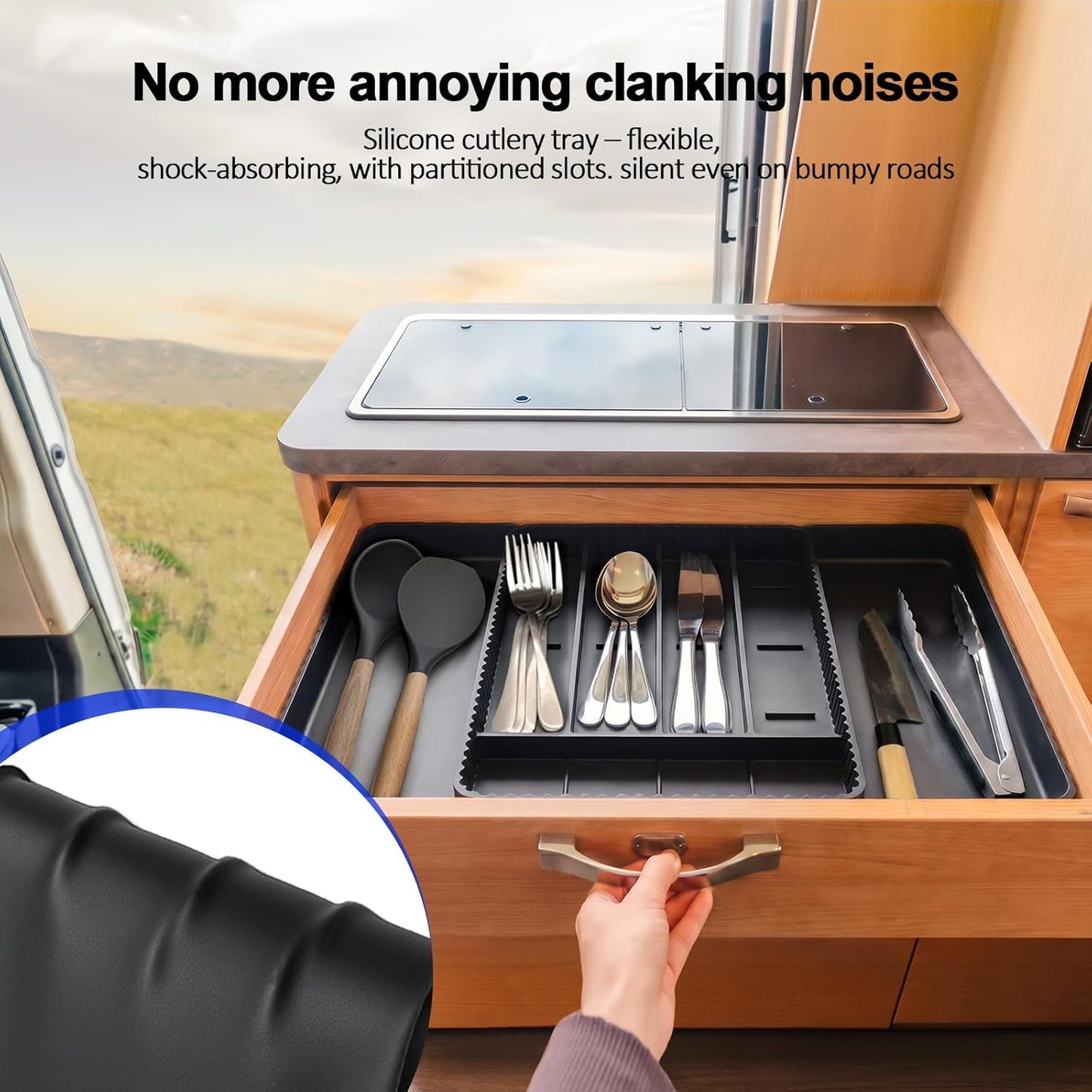 Expandable Silverware Organizer - Adjustable 7-Compartment Cutlery Tray | Heat-Resistant Silicone, Black - 50% Larger Capacity