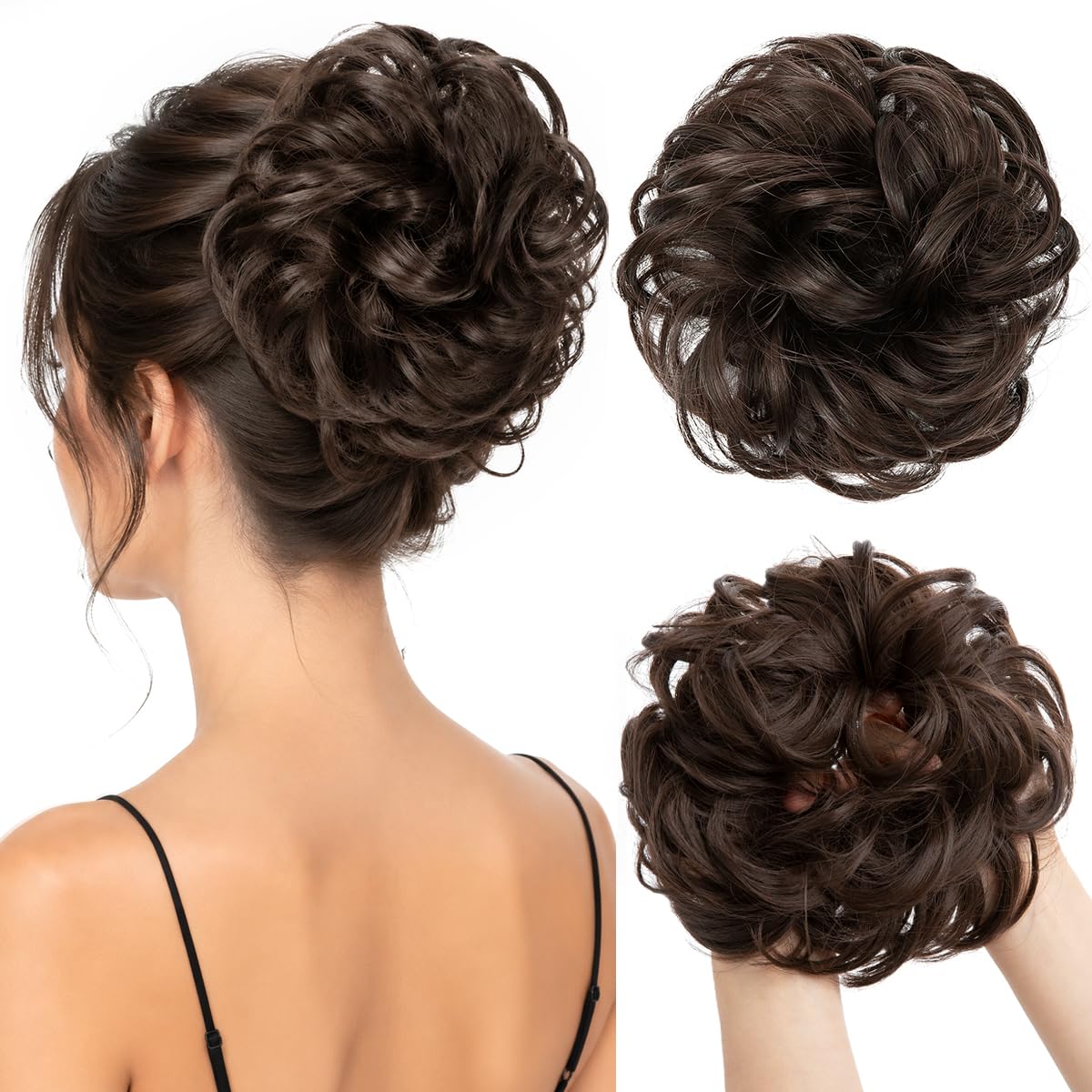 Large Messy Bun Hair Piece - Wavy Curly Synthetic Ponytail Extensions | Thick Updo in Pecan Blonde