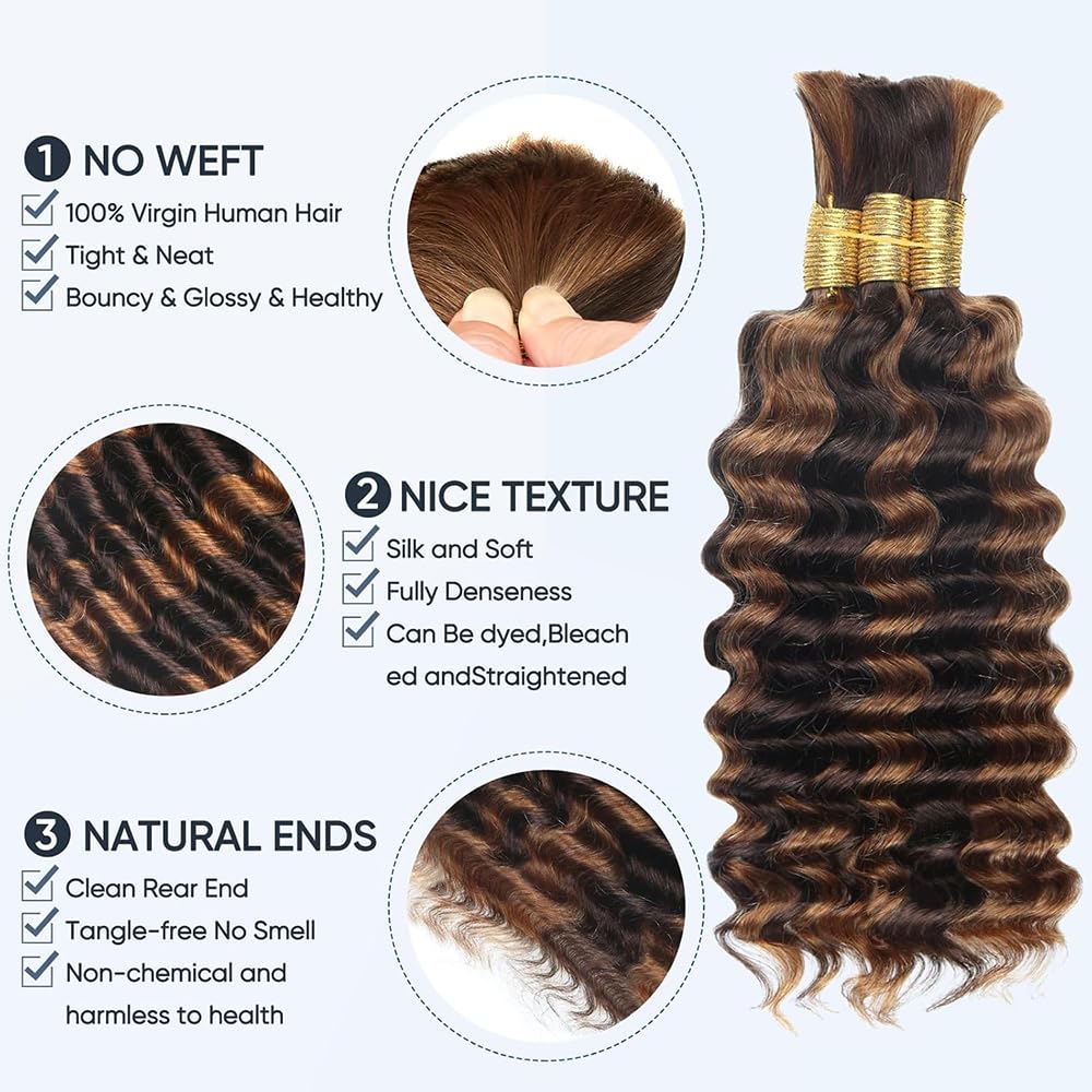 32 32 32 Inch P430 Highlight Brown Human Braiding Hair Deep Wave Bulk 150g/3 Bundles Light Dark Brown Deep Wave Braids Human Hair Extensions