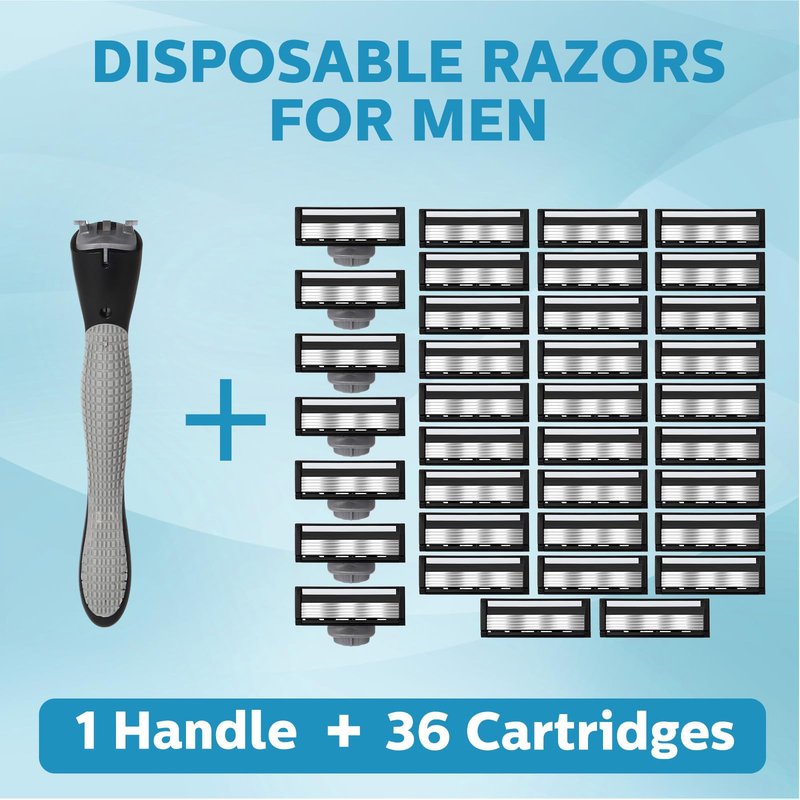 Wovnet 37 Pcs Refillable 5 Blade Disposable Razors for Men Sensitive Skin Razor Men's Disposable Refillable Razors Set Shaving Kit, 1 Razor Handle and 36 Cartridges