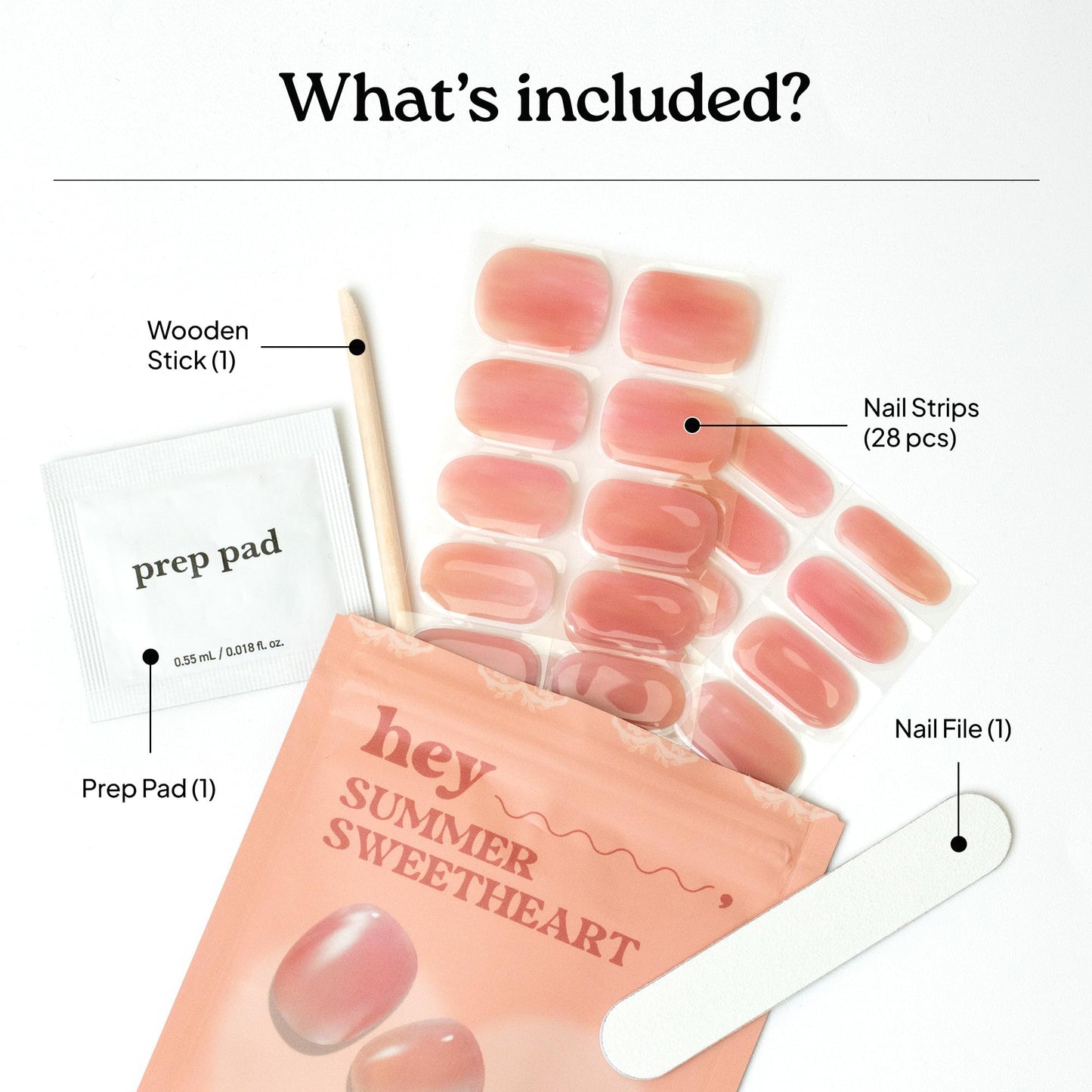 Heyhae Semi Cured Gel Nail Strips | No LED Lamp Needed | Solid, Pink, Spring | Easy Apply & Remove, Salon Quality | Includes 28 Strips, 1 Prep Pads, Nail File & Wooden stick - Hey, Summer Sweetheart