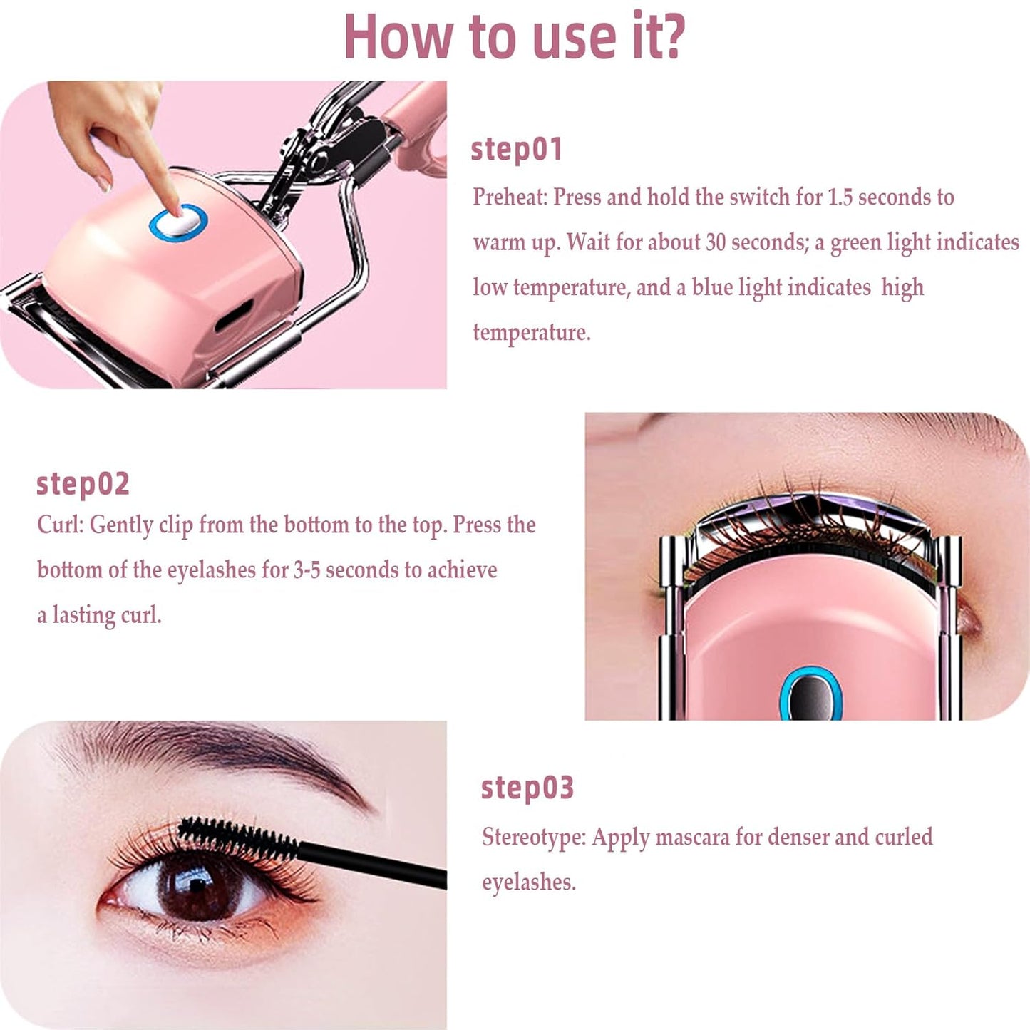 Heated Eyelash Curler - USB Rechargeable Electric Lash Curler with Silicone Pad | Long-Lasting Makeup Tool for Women