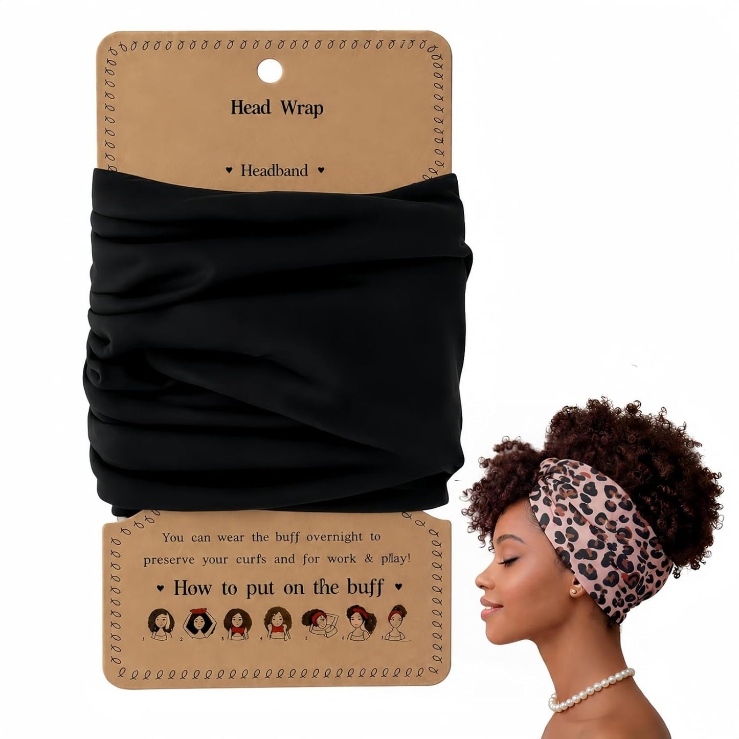 Hair Wrap for Curly & Coily Hair - Extra Wide Stretch Sleep Scarf, Anti-Frizz Headband | Soft Breathable Tube, Matte Black 19.69” x 9.06”