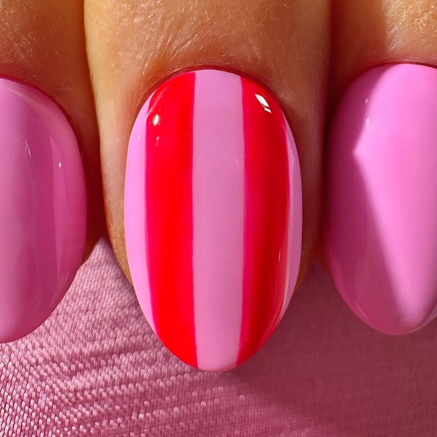 Short Press-On Almond Fake Nails - Rose Pink Acrylic with Glossy Stripe Designs | Reusable Full Cover Nails for Women