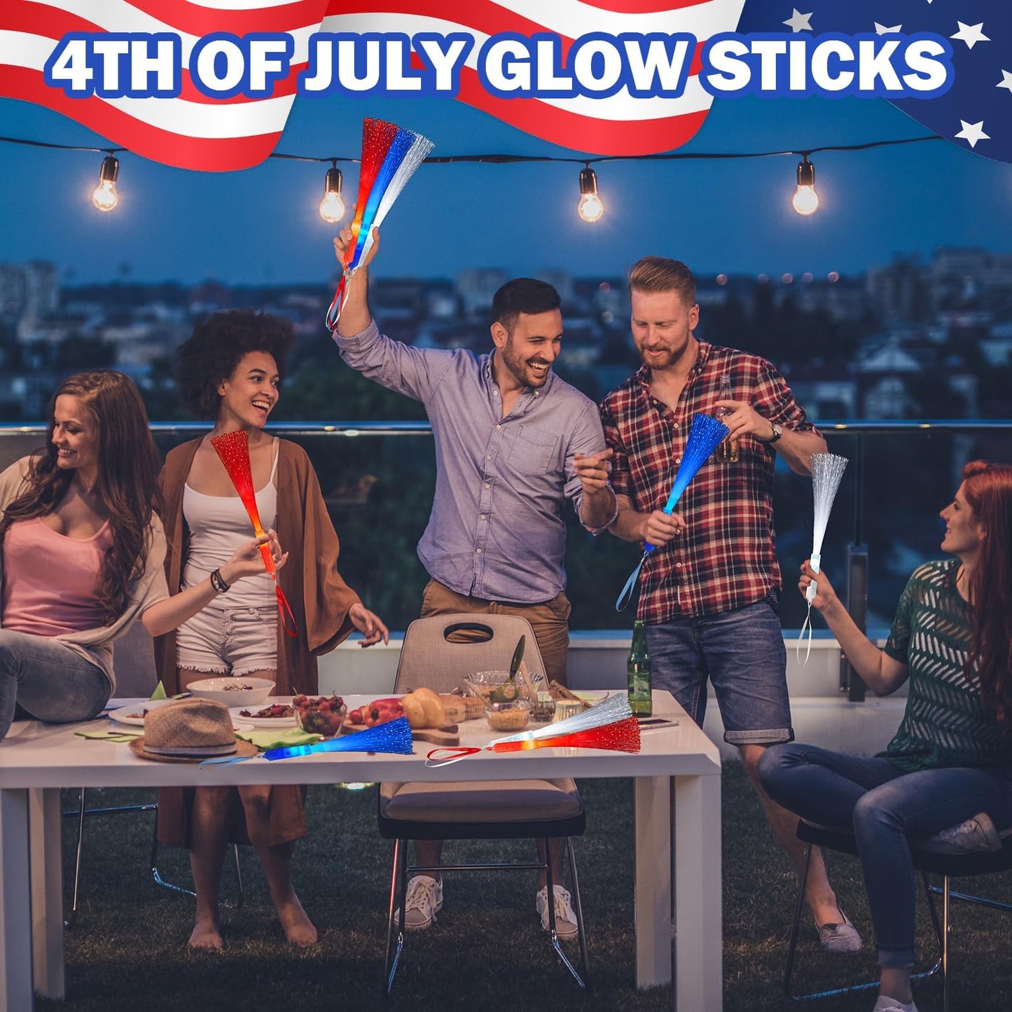 Glow Sticks for 4th of July | Red, White & Blue Fiber Optic Wands - 6 Pack for Kids