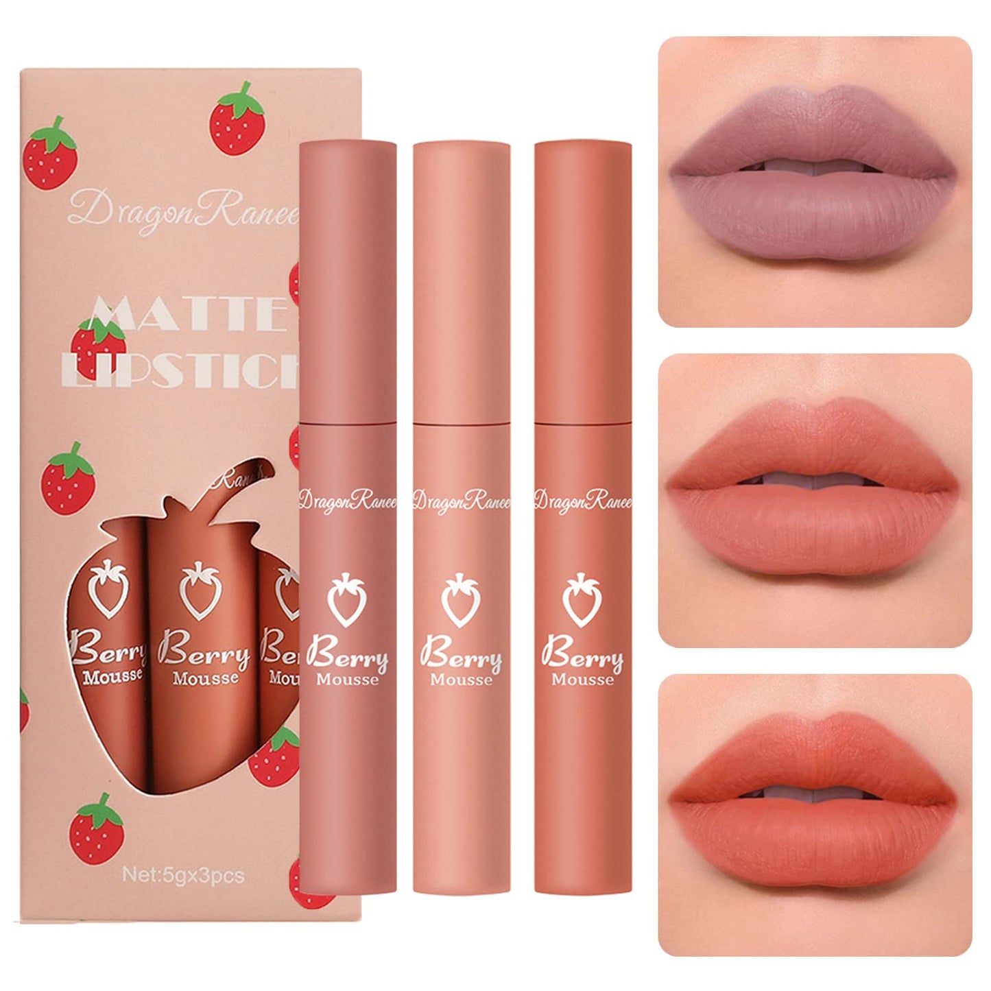 Dark Red Matte Lipstick Set - Long-Lasting Velvet Crayon Lip Stain | 3 Pcs, 24-Hour Waterproof Wear