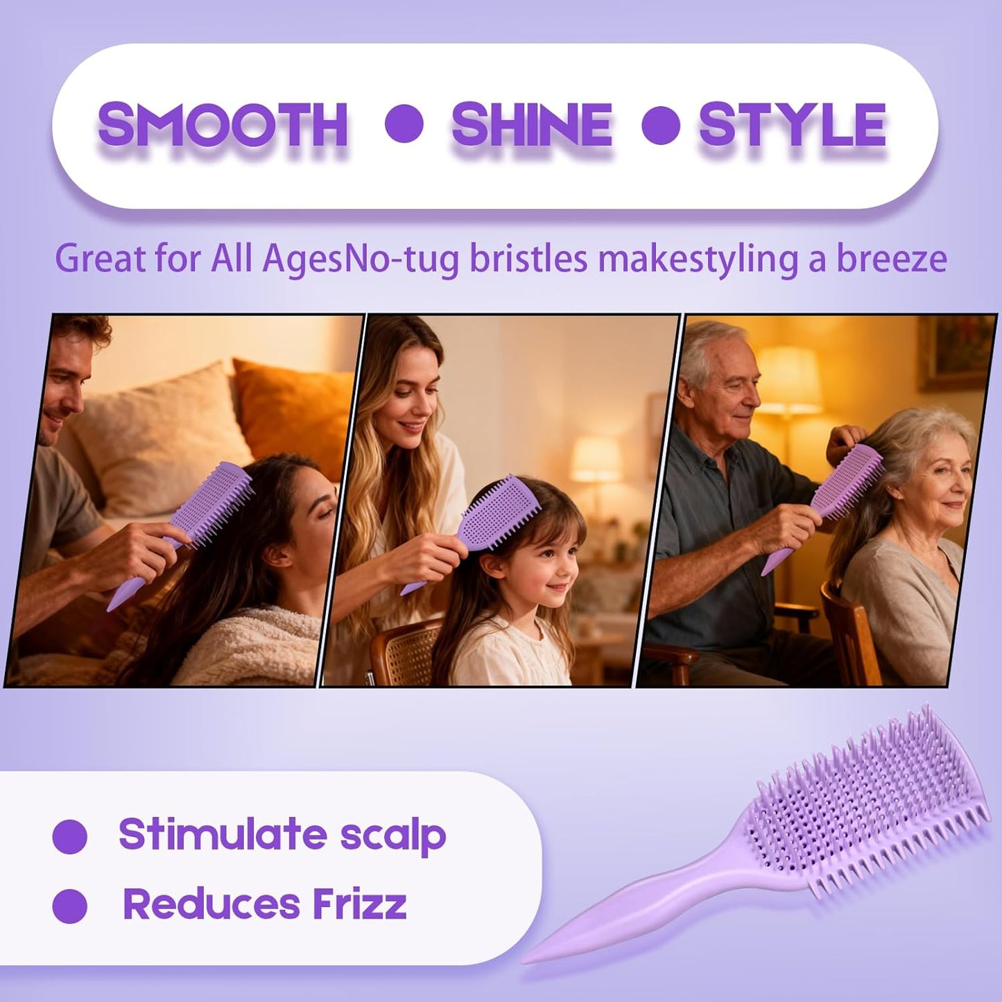 Curly Hair Detangler Brush - Lightweight Vented Design for Easy Glide | Suitable for Wet & Dry Hair (Purple)