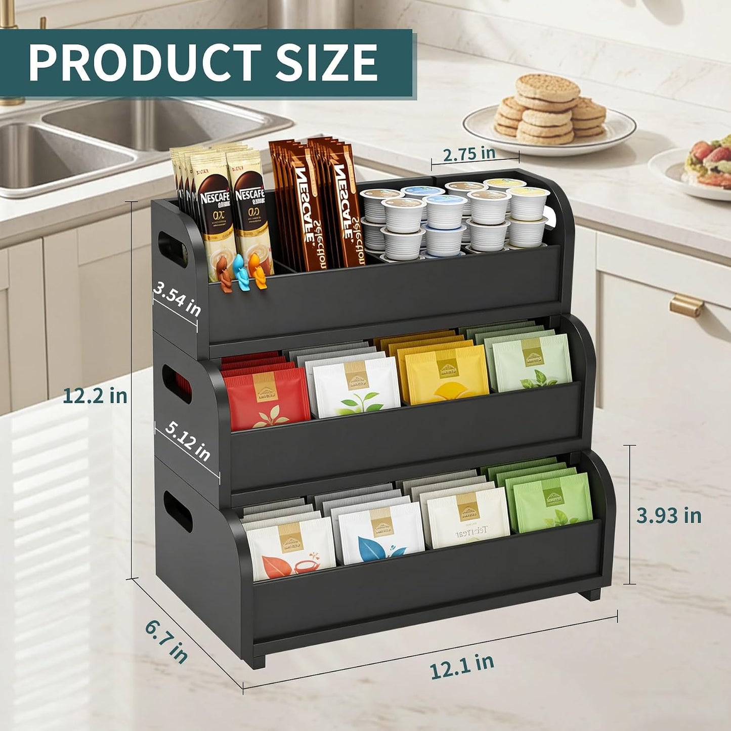 Bamboo Tea Organizer - 3 Layer Stackable Tea Bag Storage Rack | Large Capacity for Kitchen & Office (Black)