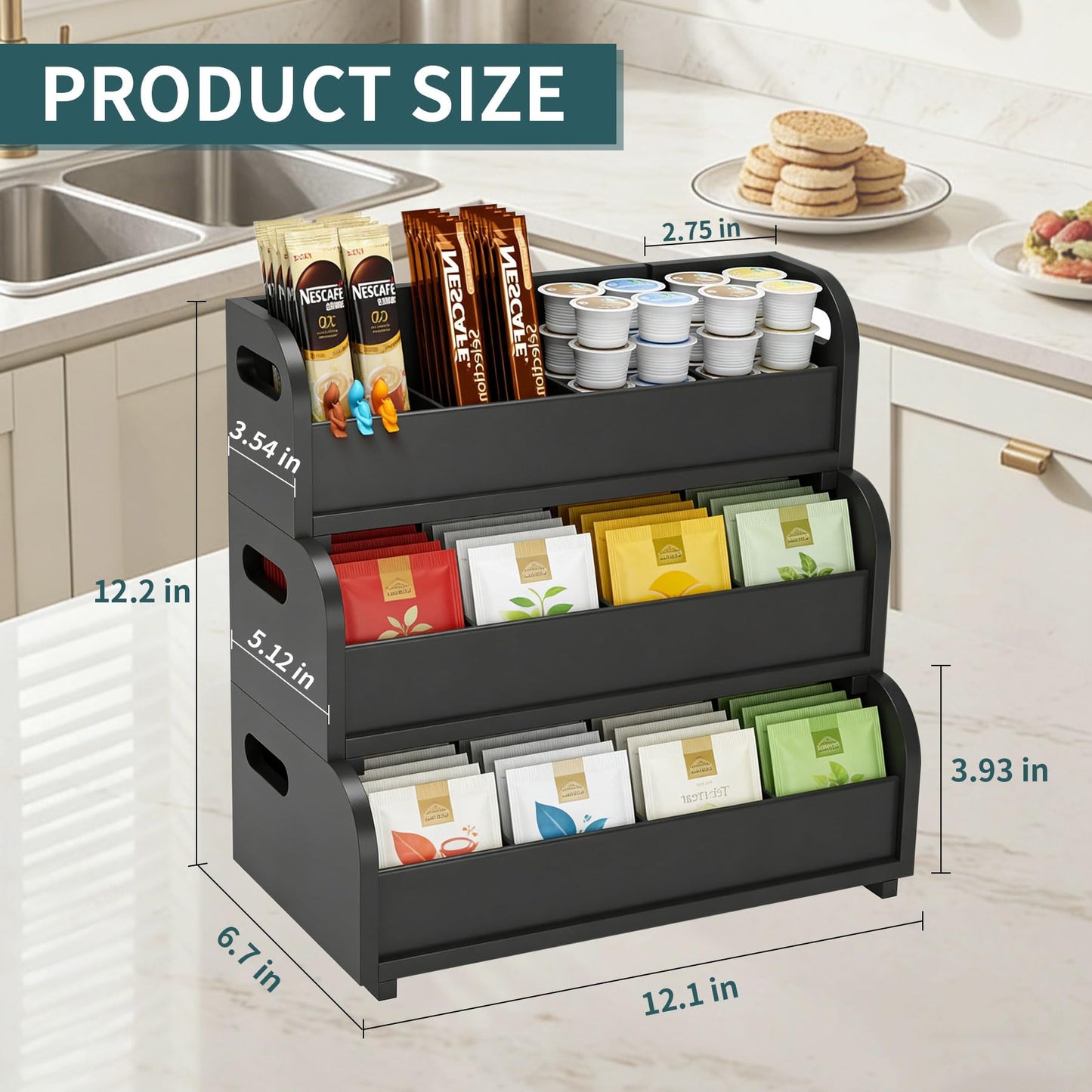 3 Layer Stackable Tea Bags Organizer,Bamboo Tea Organizer Display Rack,Large Capacity Tea Storage Box to Pantry,for Pantry Kitchen Office Coffee Station Restaurants Bars (black)