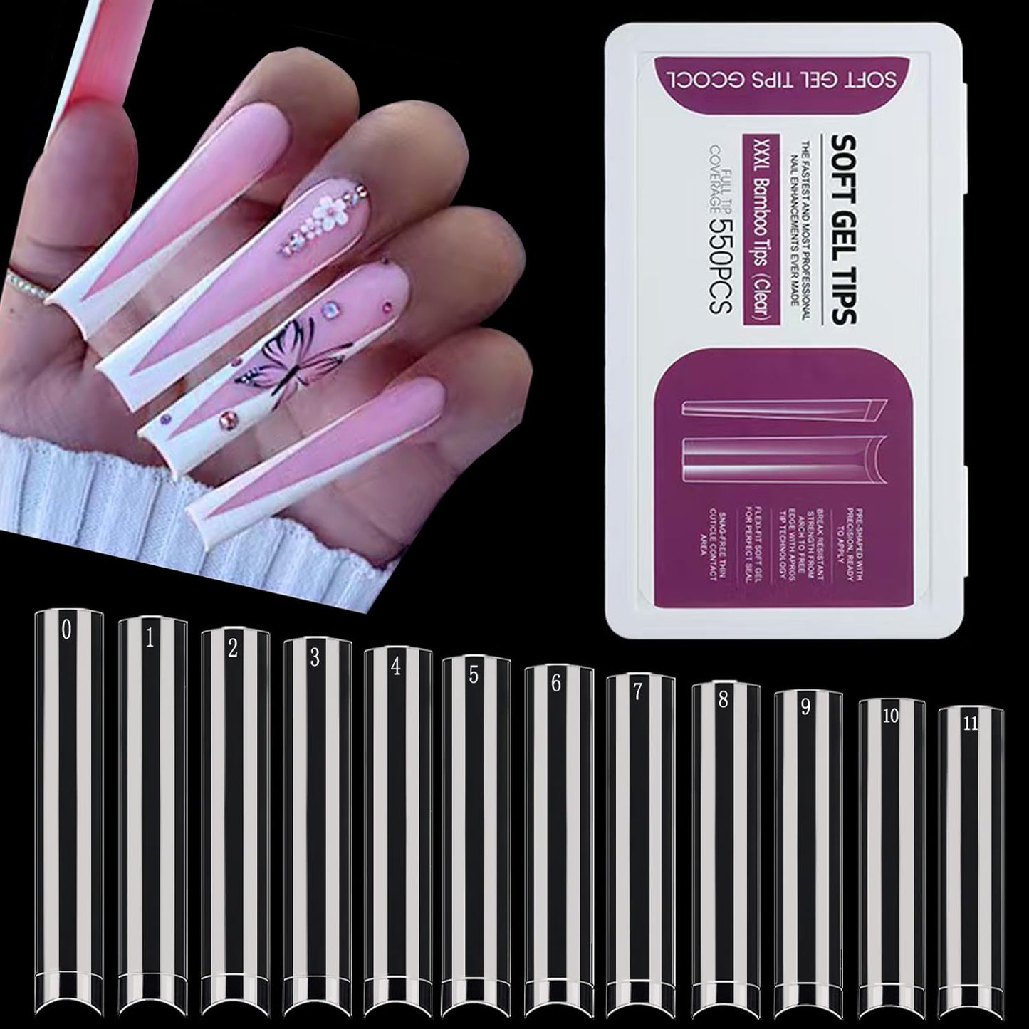 Stiletto Nail Tips - 600PCS XXXL Extra Long Full Cover for Acrylic Nails | 12 Sizes Clear Flattened Fake Nails