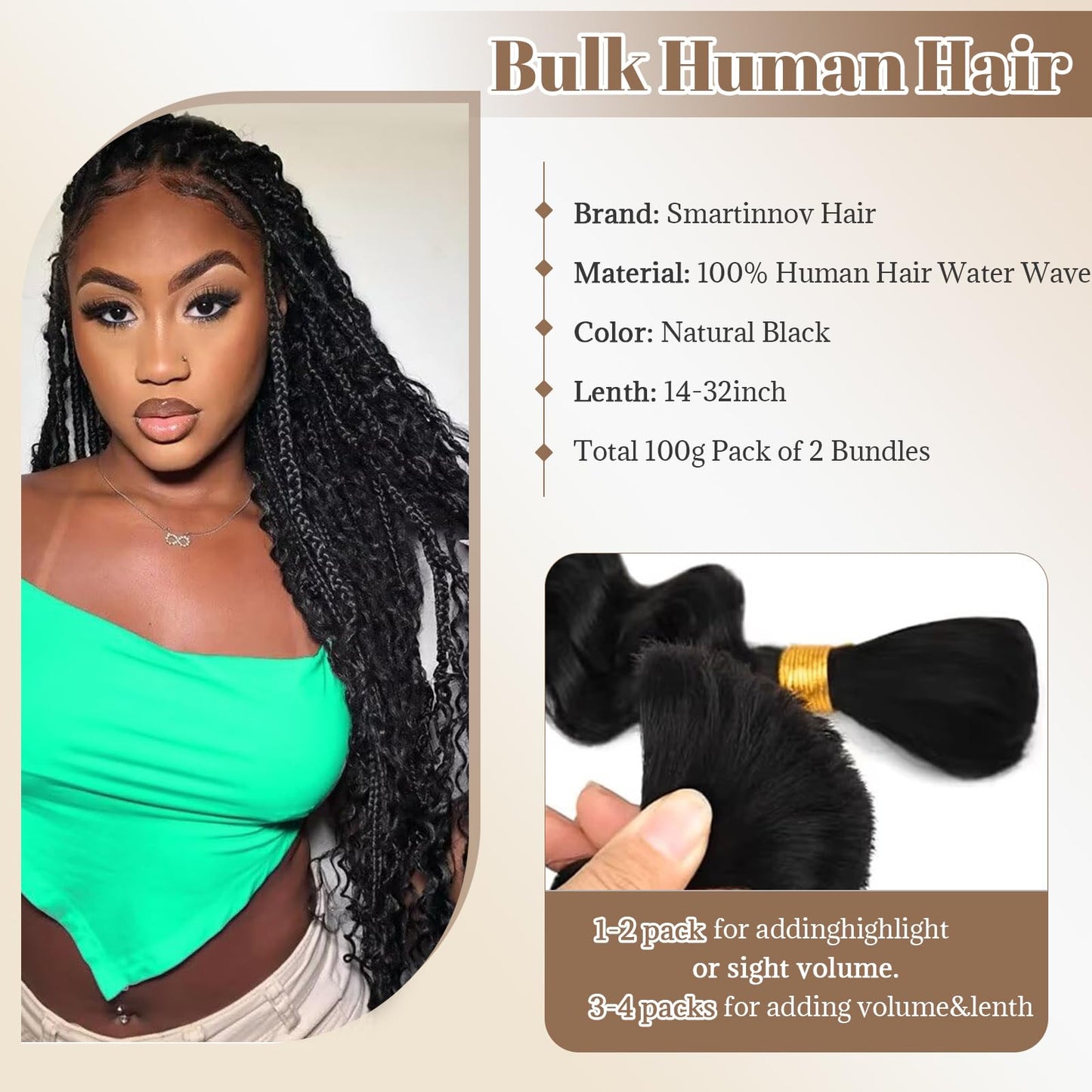 Curly Human Braiding Hair 100G Deep Water Wave Bulk Bohemian Hair for Braiding Knotless Braids 10A Curly Virgin Human Hair Extensions 2 Bundles 16" for Boho Braids Wet and Wavy Micro Braiding Hair