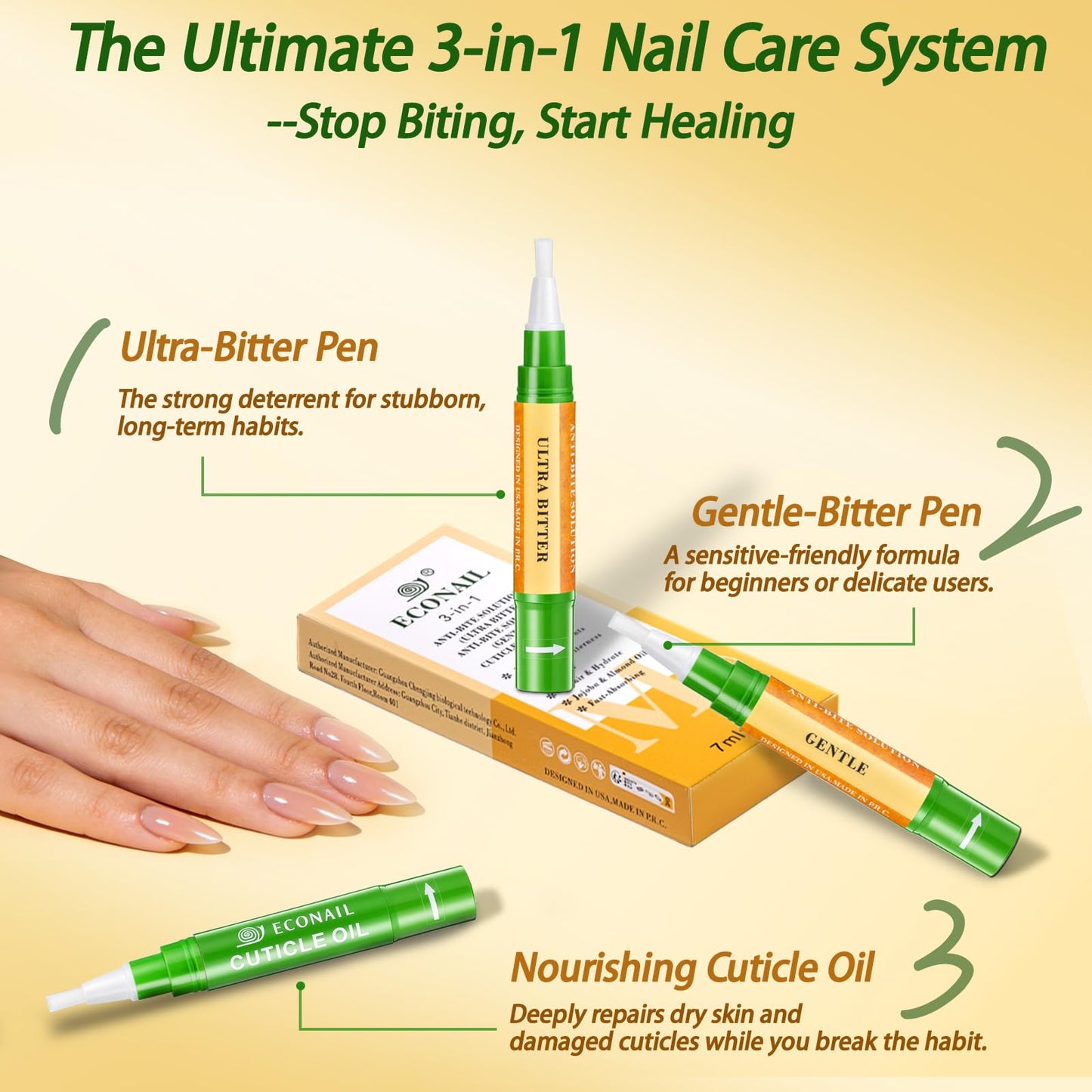 Econail 3 IN 1 Nail Biting Prevention Kit for Kids & Adults -3 Pack Includes Extra Strength+ Gentle Bitter Polish + Cuticle Oil. Fast Drying Formula Stops Nail Biting & Thumb Sucking