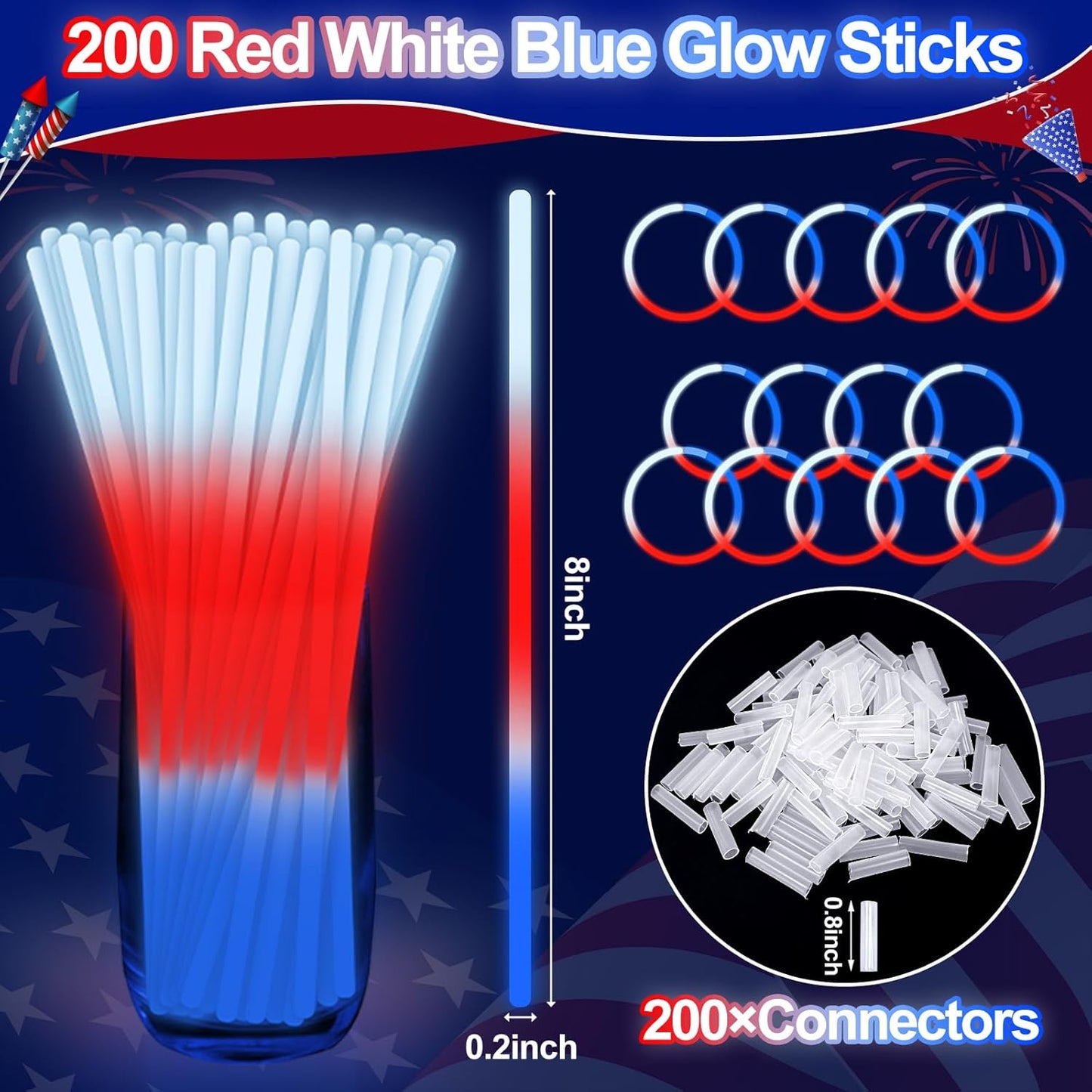 Glow Sticks for 4th of July | 200 Pcs Neon Party Favors with Connectors - Red, White, Blue Bracelets & Necklaces