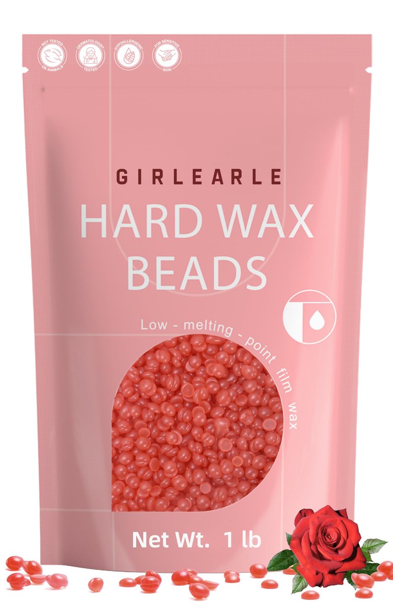 GIRLEARLE 1LB Hard Wax Beads for Hair Removal, Low Melt Hard Wax Beads with Red Rose Formula, Wax Beads for Brazilian Waxing & Sensitive Skin, Stripless Hard Wax for Bikini, Face & Body At-Home Waxing
