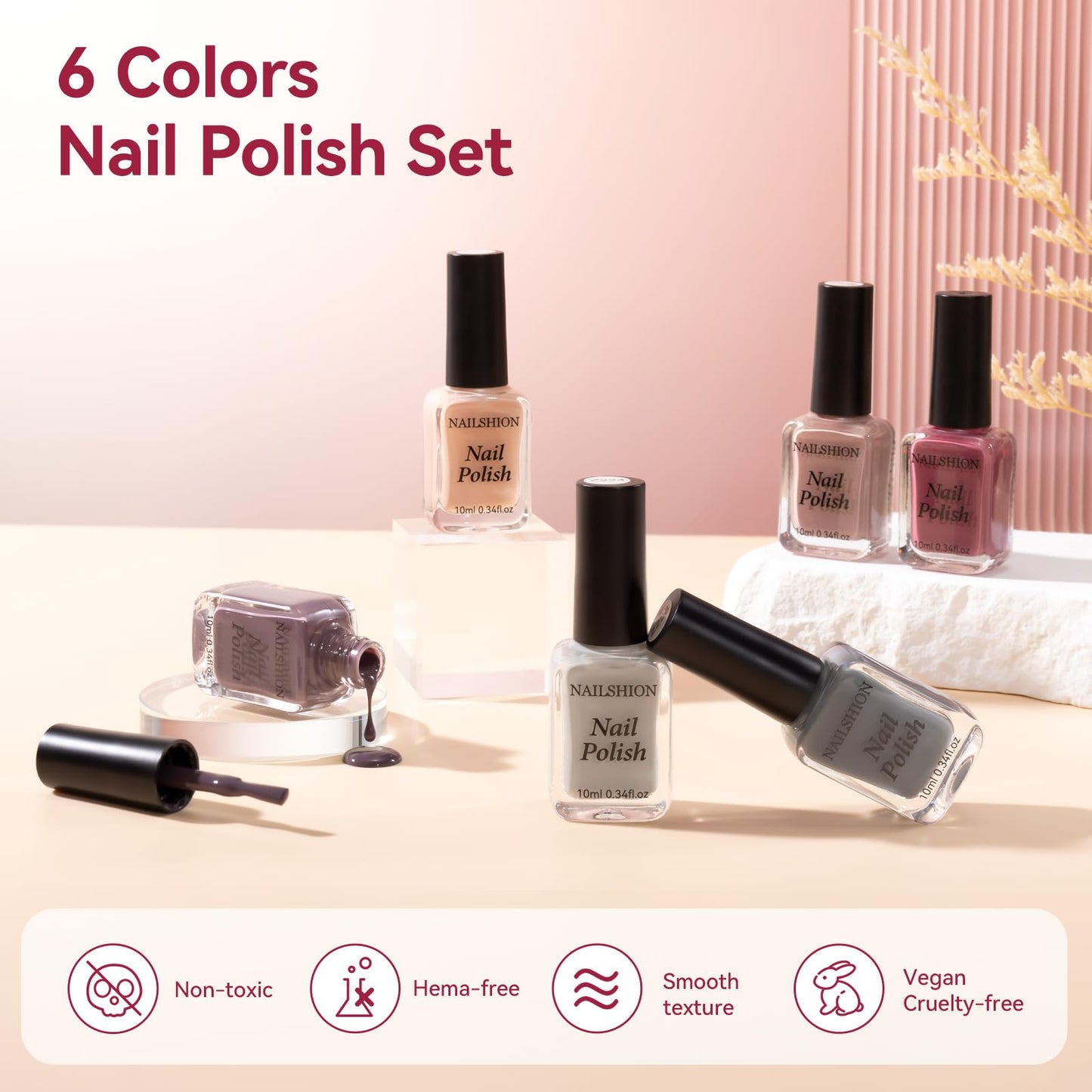 Nailshion Nude Grays Nail Polish Set, Quick-Dry Non-UV Gel, 6 Colors