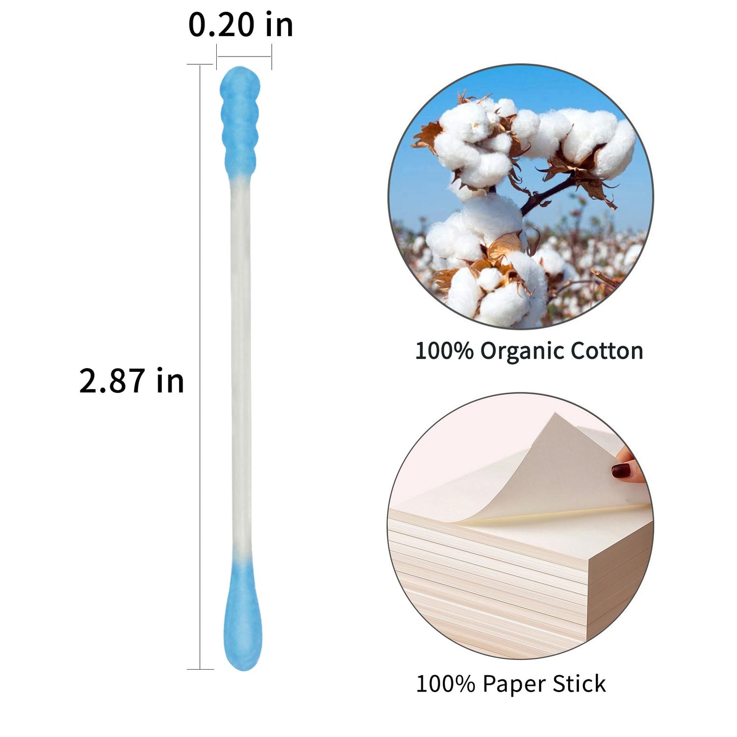 HOMEFOX Blue Cotton Swabs Spiral - 200 Count Organic Cotton Buds Double Side Tightly Wrapped Cotton Tips Paper Stick Soft Gentle Lint-Free Cruelty-Free, Round & Spiral (Blue)