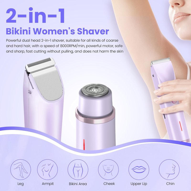 Bikini Trimmer for Women-2 in 1 Dual Head Electric Razors,IPX7 Waterproof Bikini Electric Shaver,Dry & Wet Use Painless Bikini Shaver,Pubic Hair Trimmer for Private Area & Body Hair,Purple