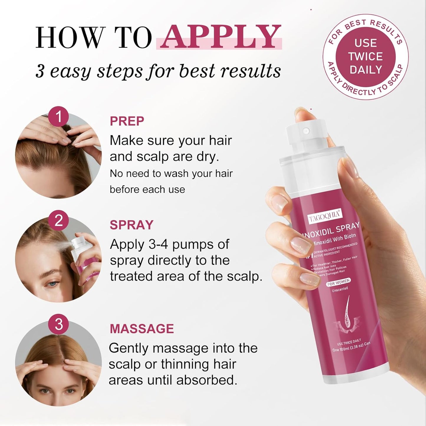 Minoxidil Hair Regrowth Spray for Women - Extra Strength Biotin-Infused Treatment | 3 Bottles