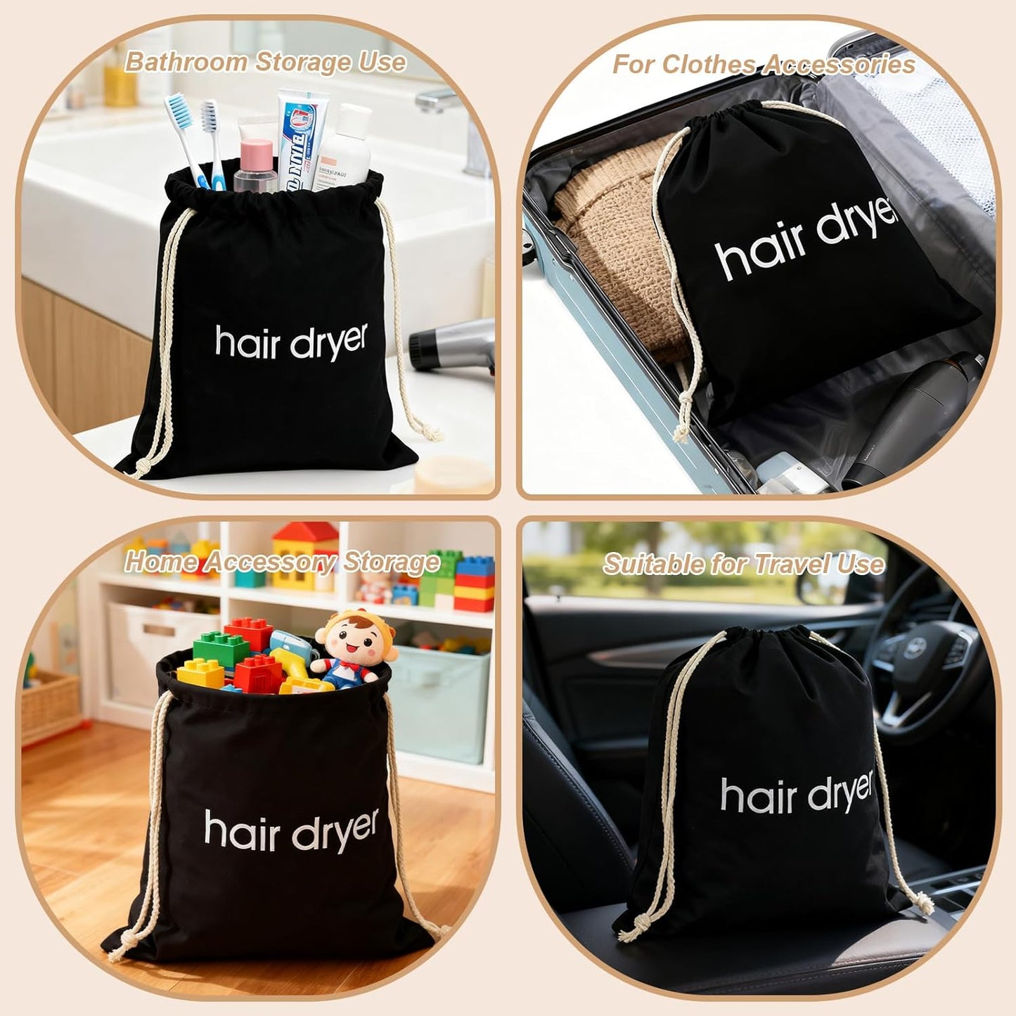 Hair Dryer Bag - Drawstring Travel Case for Blow Dryer | Dust Storage, Black