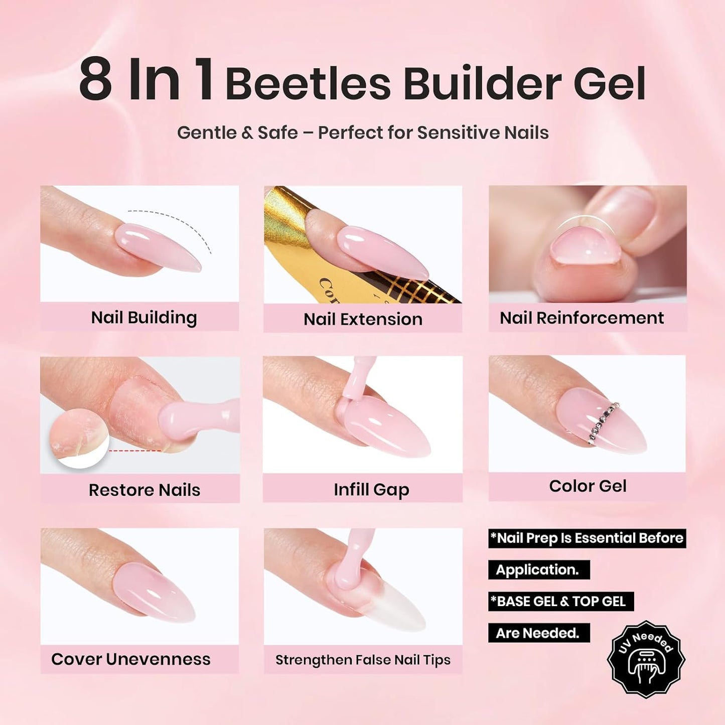 Beetles Builder Gel Set - HEMA-Free Nail Extension Gel | 6 Peach Colors, 8-in-1 Strengthening Formula for DIY Nail Art
