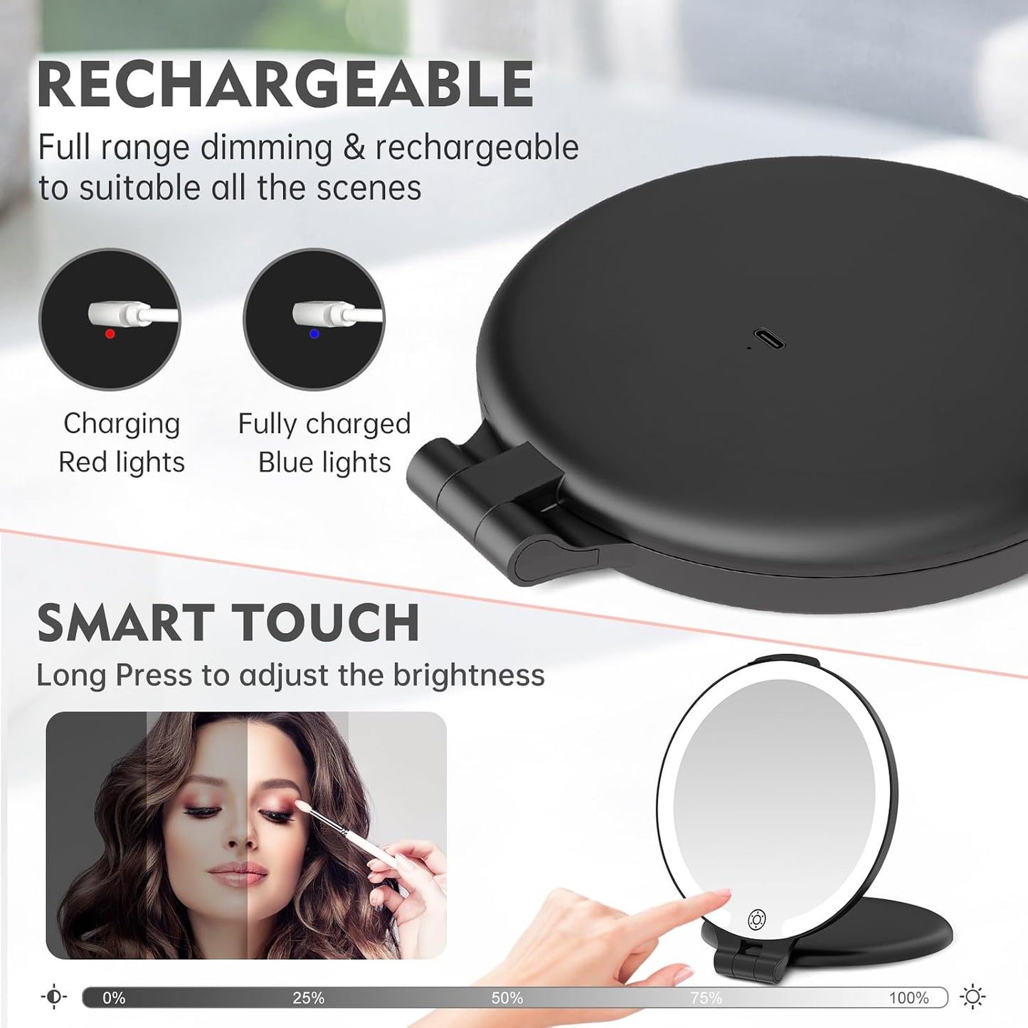 Travel Mirror with Light - 1X/10X Rechargeable Makeup Mirror | 7'' Double-Sided, 3 Color Lighting Modes, Portable Vanity - Black