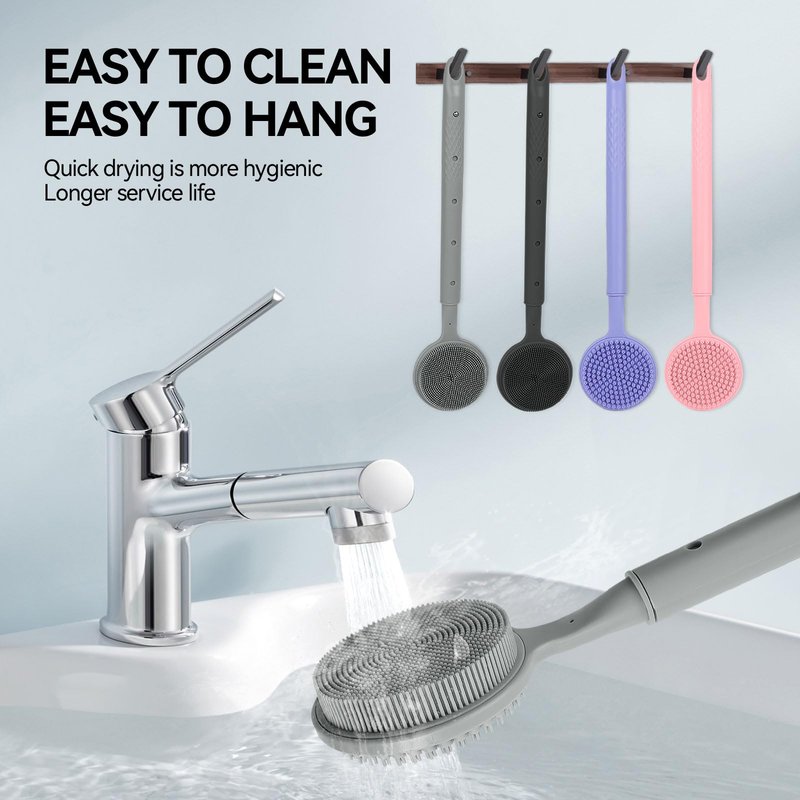 Back Scrubber for Shower, (16-24 Inch) Extendable Bath Brush Long Handle for Shower, Silicone Body Scrubber with Handle, Back Brush for Shower Men and Women,Easy to Clean (Gray)