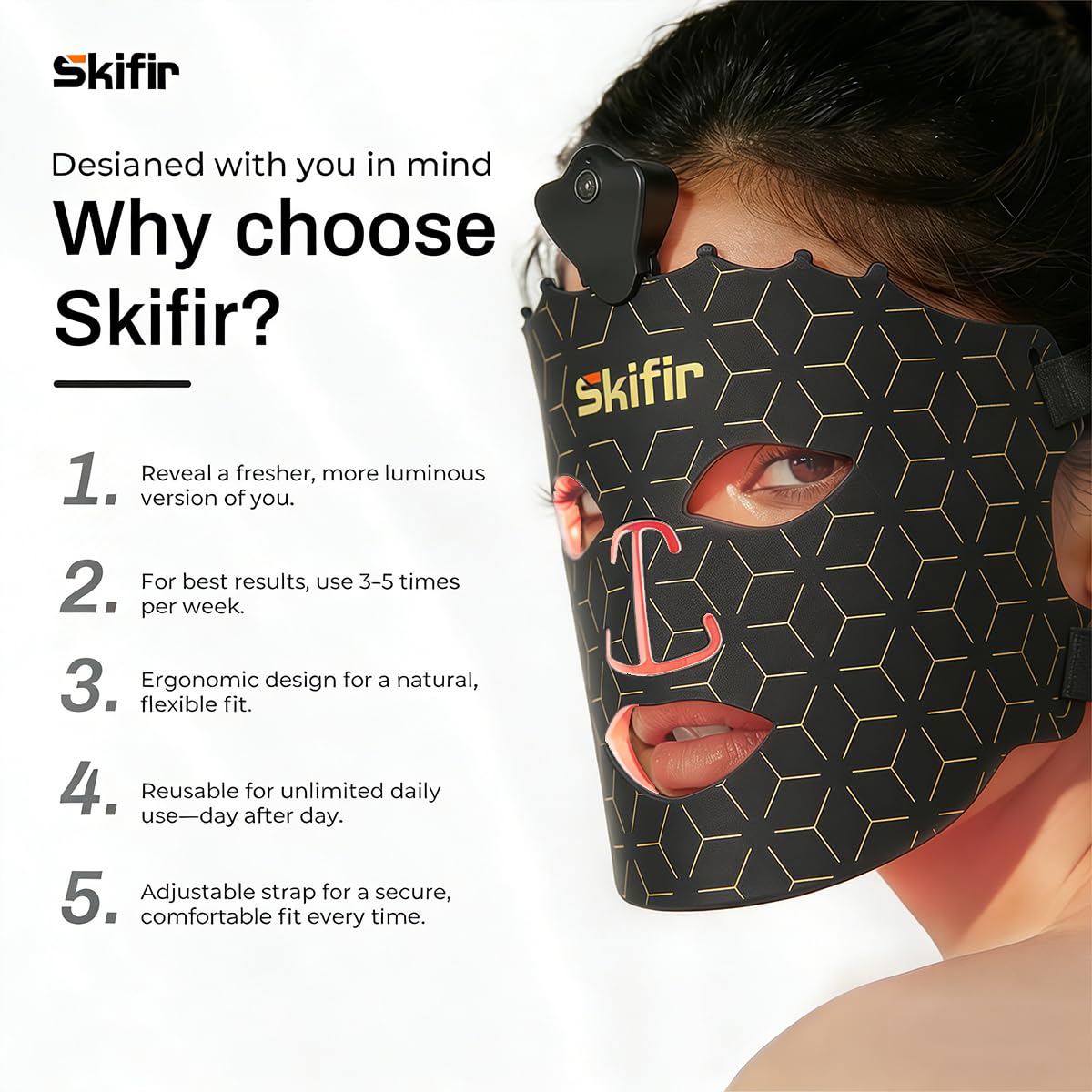 SKIFIR Wireless Photoelectric Beauty Red Light Mask Sustainable, Rechargeable and Ergonomic Design for Home & Travel (Black)