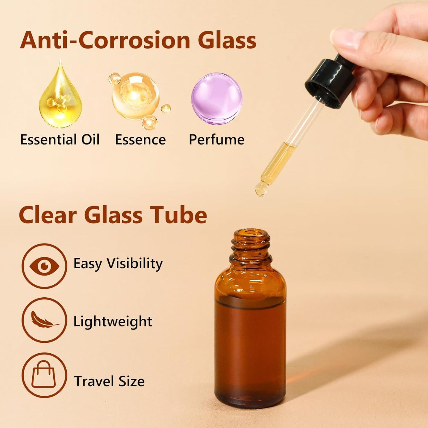 60 Pack 1oz Eye Dropper Bottles - Leakproof Amber Glass for Essential Oils & Tinctures | 30ml Travel Size