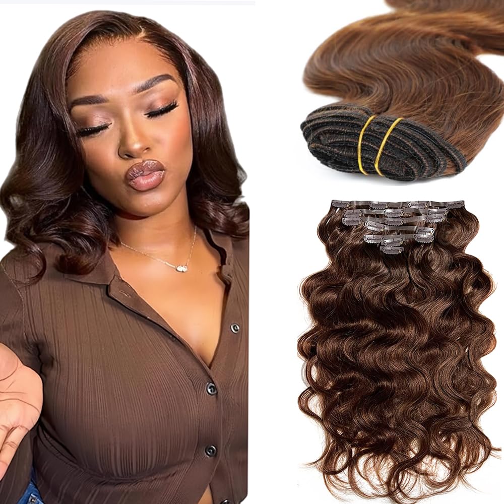 #4 Brown Clip in Hair Extensions Real Human Hair,16 Inch 120g/7Pcs,Full Shine Dark Brown Remy Human Hair,Chocolate Brown Body Wave Clip ins Brazilian Hair Extensions