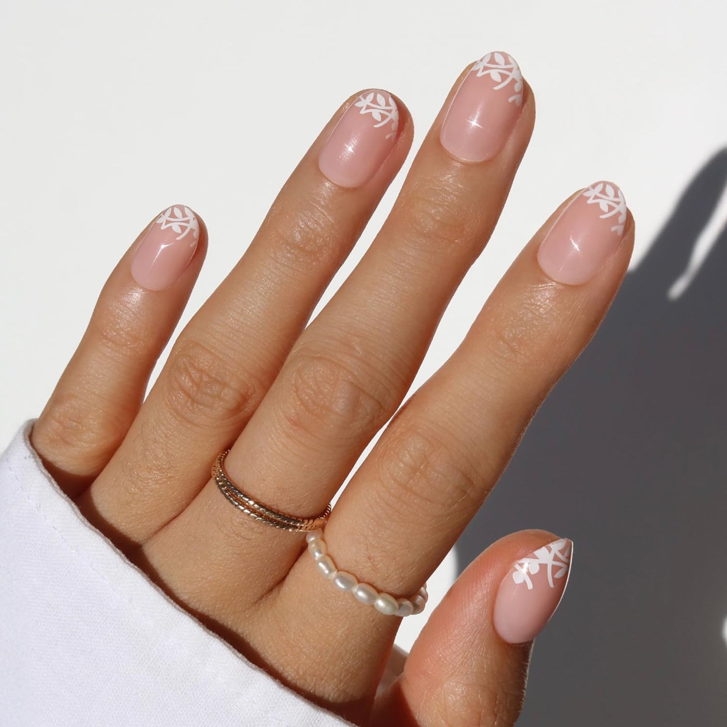 Glamnetic Press-On Nails - Pink Me Up Spring Almond Nails | Pastel Pink French Tips with 3D Pearls - 30 Nail Kit, 15 Sizes