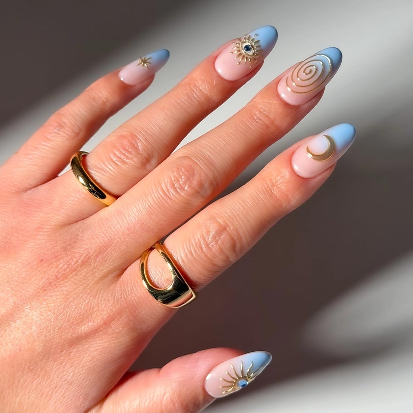 Glamnetic Press On Nails - Medium Oval Blue French Tip Nails with Celestial Gold Accents | 30 Nail Kit with Glue, 15 Sizes Available