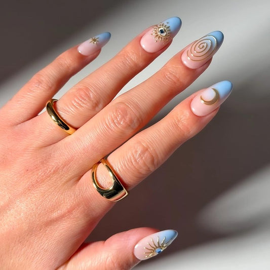 Glamnetic Press On Nails - Medium Oval Fake Nails with Blue French Tips & Celestial Gold Accents | Salon Quality | French Tip Nails | Spirited Sky | 15 Sizes - 30 Nail Kit with Glue