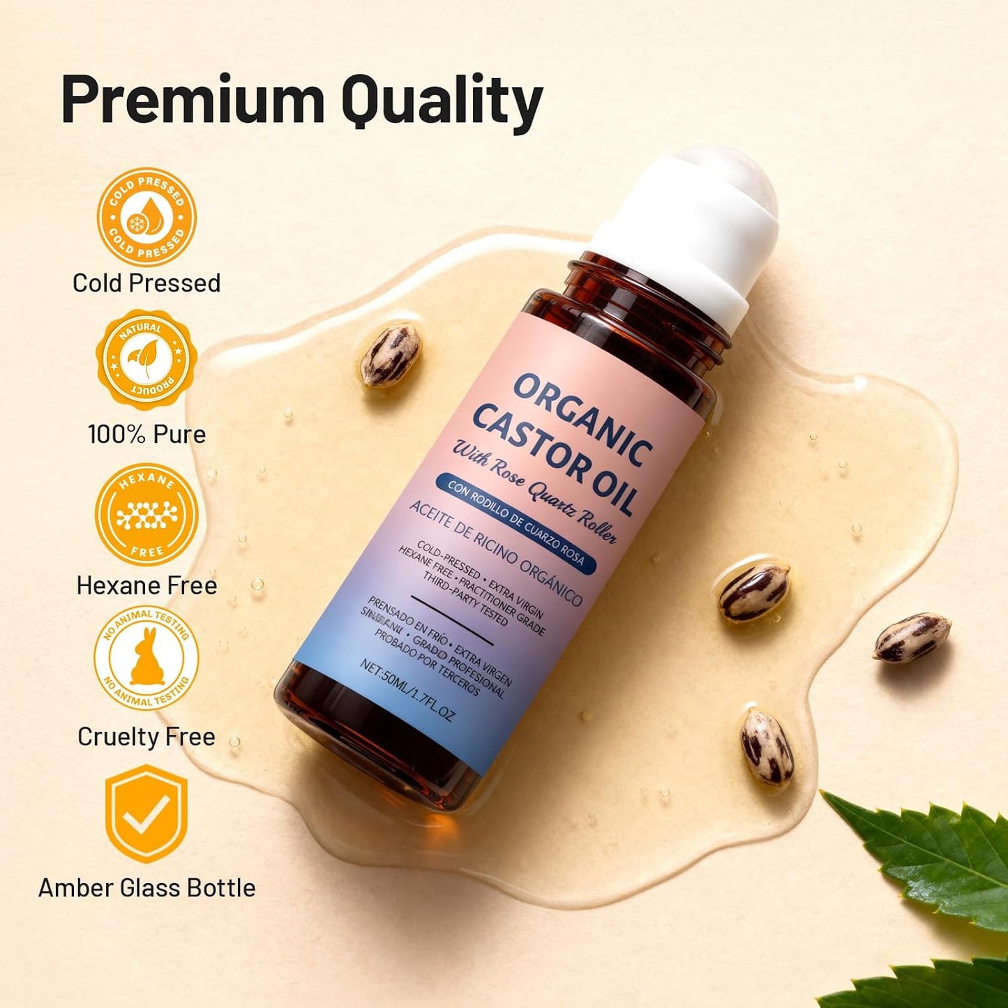 Rose Quartz Face Roller - 100% Pure Organic Castor Oil Serum for Fine Lines, Wrinkles & Puffiness | Self-Care Gift for Women 35+ - 1.72oz