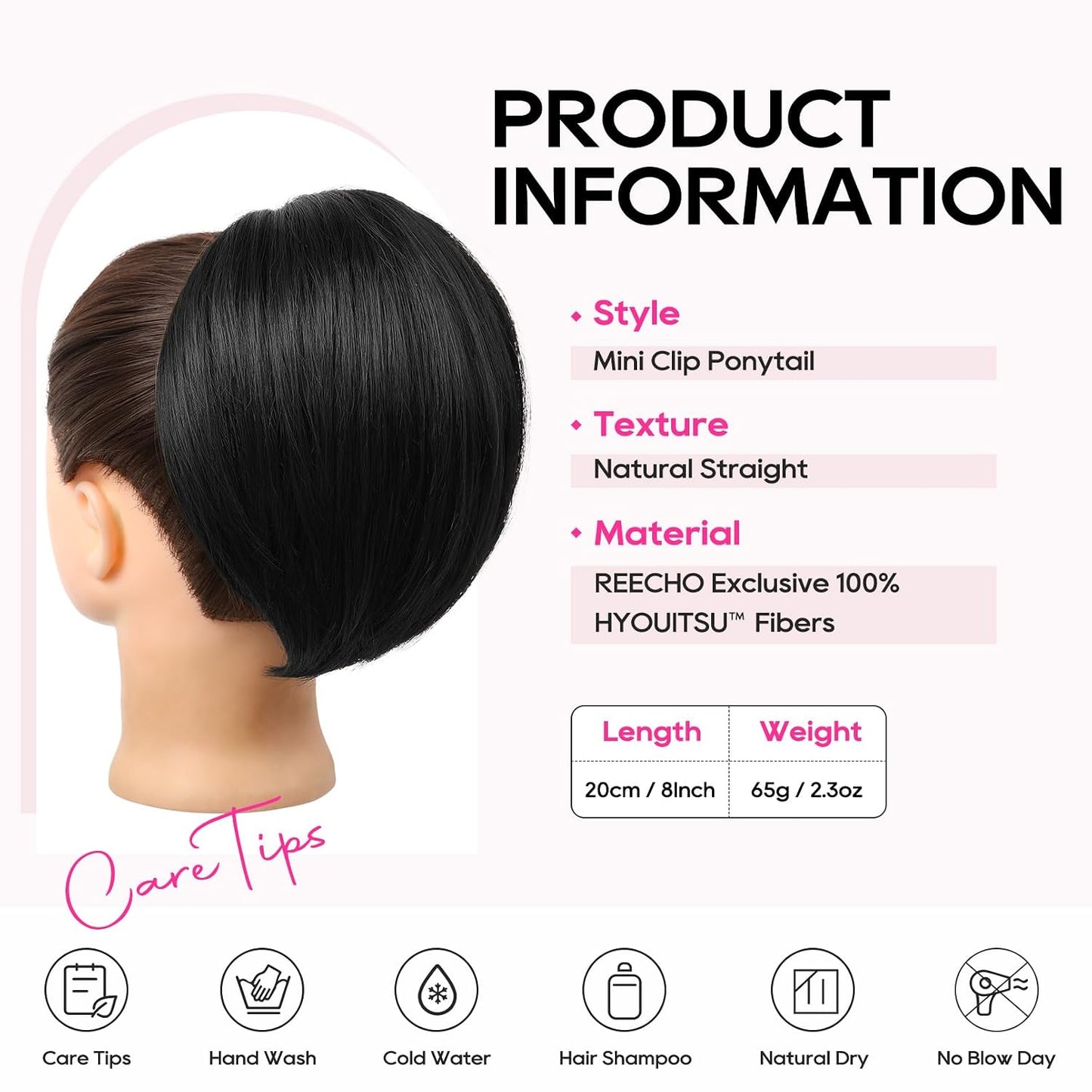 Ponytail Extension - 8" Short Mini Claw Clip Hairpiece for Fine Thin Hair | Soft Feather-Light Black