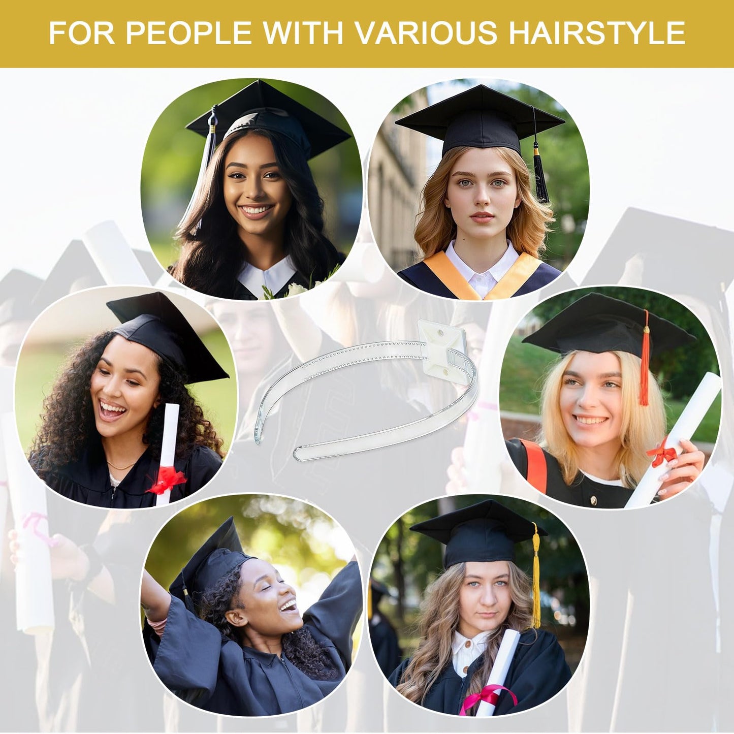Pvoiue Graduation Cap Headband Insert 2026, Clear Acrylic No-Slip Grad Cap Fixer with Adhesive Base, Comfortable Grad Caps Accessory for Women Men with Thick/Curly Hair