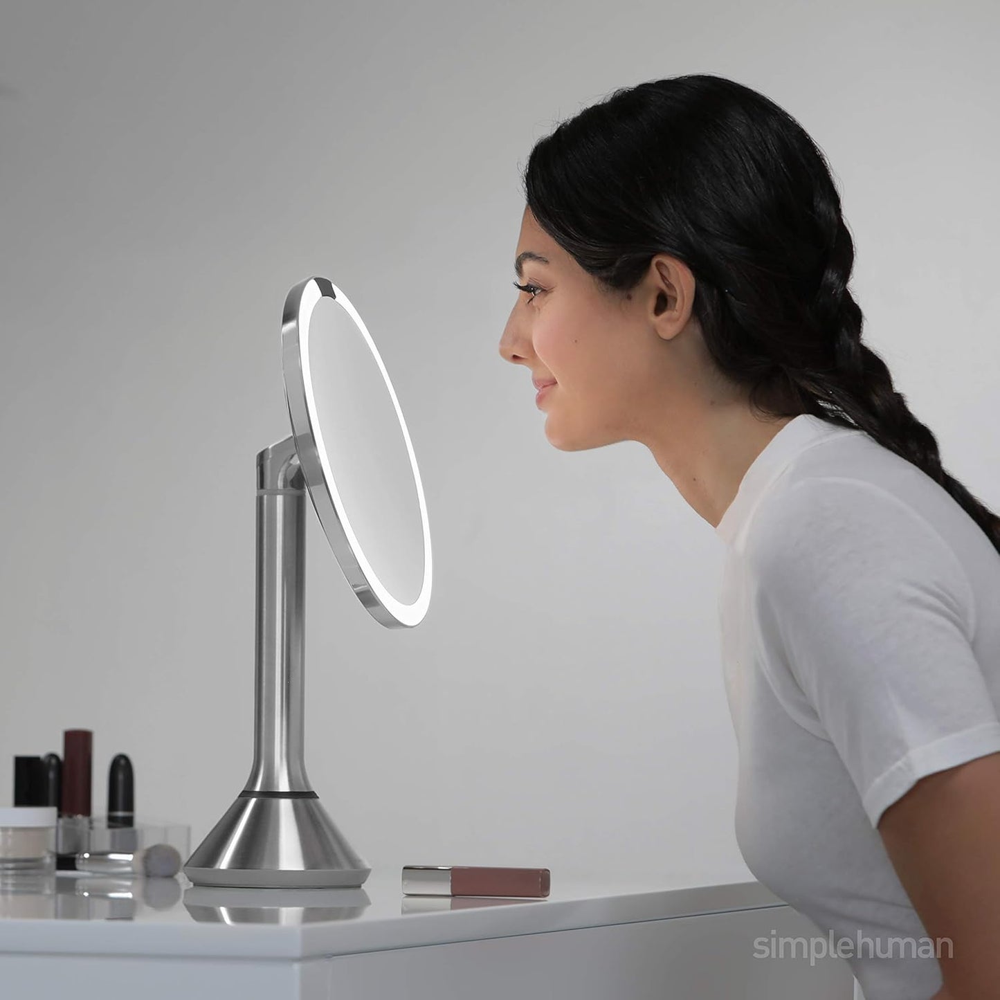 simplehuman 8" Round Sensor Makeup Mirror - Touch-Control Dual Light, 5x Magnification, Rechargeable & Cordless | Brushed Stainless Steel