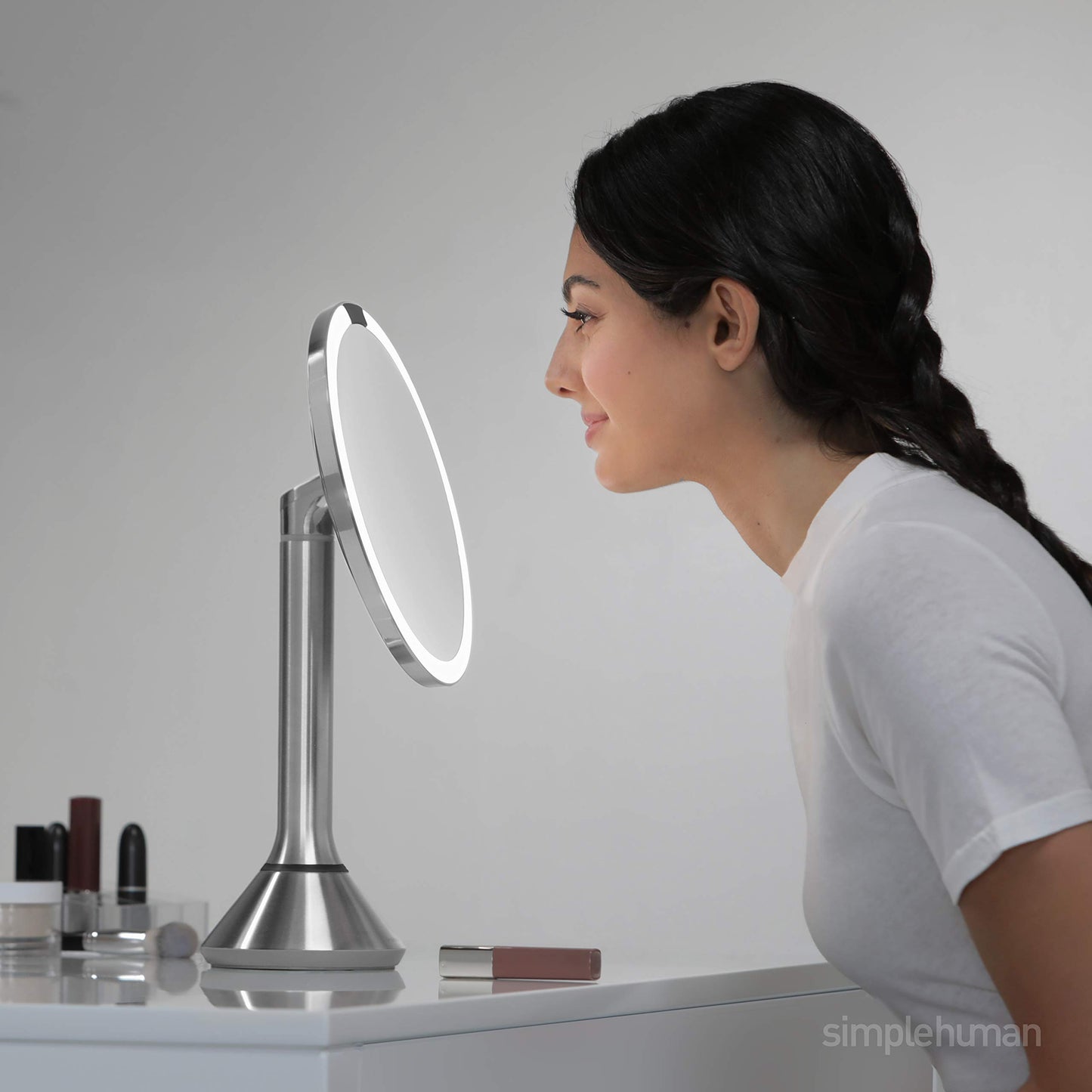 simplehuman 8" Round Sensor Makeup Mirror with Touch-Control Brightness, 5X Magnification, Rechargeable and Cordless, White Stainless Steel
